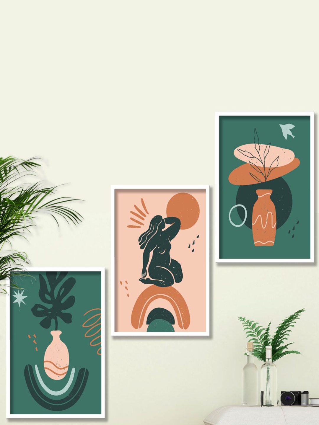 

SAF White & Green 3 Pieces Framed Modern Wall Art