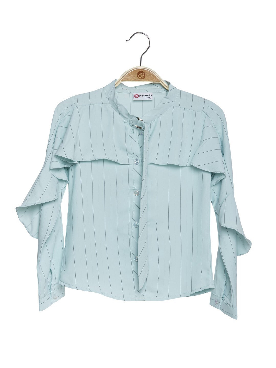 

Peppermint Girls Striped Mandarin Collar Cuffed Sleeves Shirt Style Top, Green