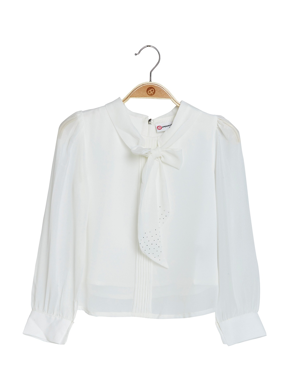 

Peppermint Girls Tie-Up Neck Cuffed Sleeves Top, White