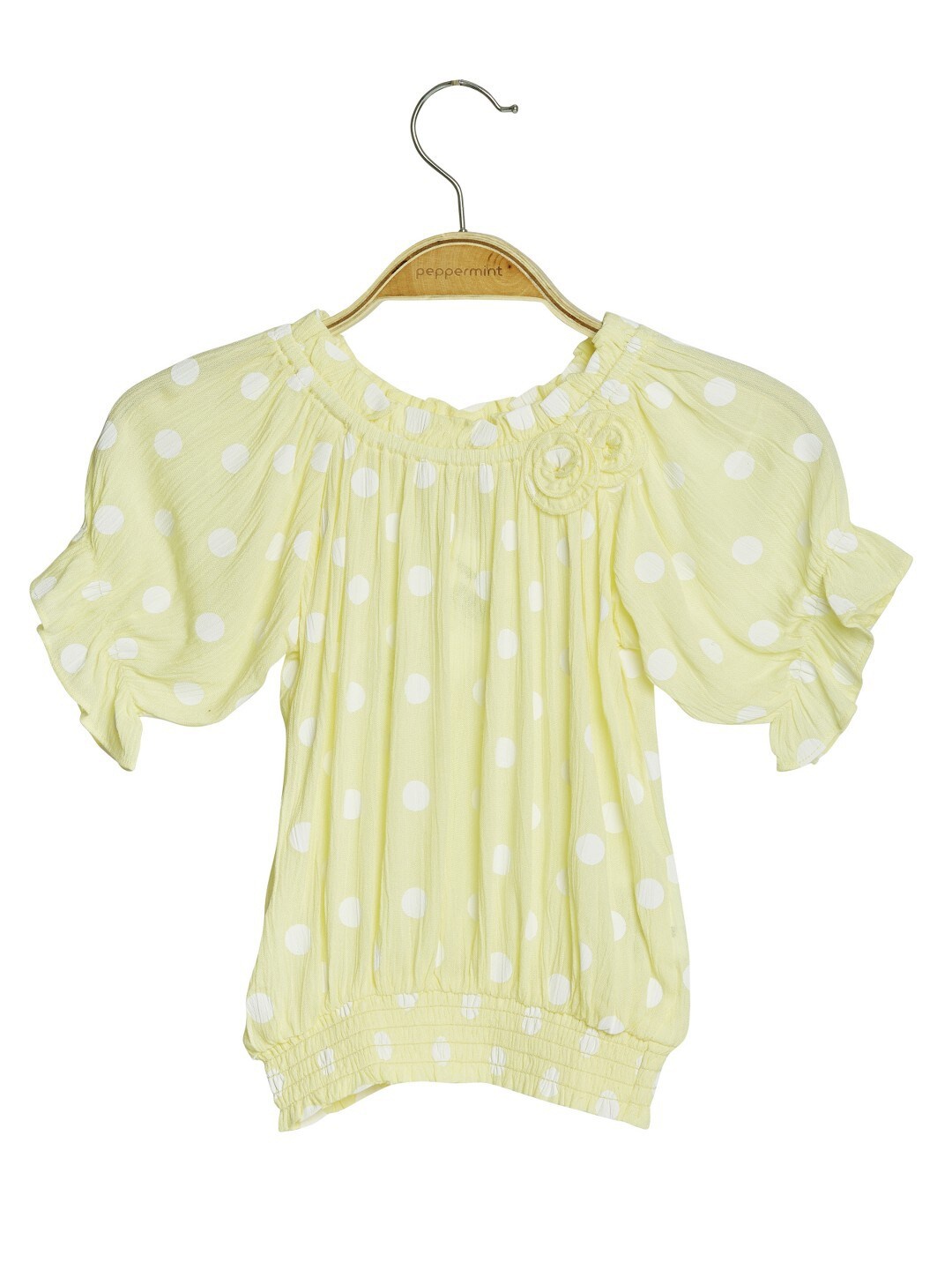 

Peppermint Girls Polka Dots Printed Puff Sleeve Blouson Top, Yellow