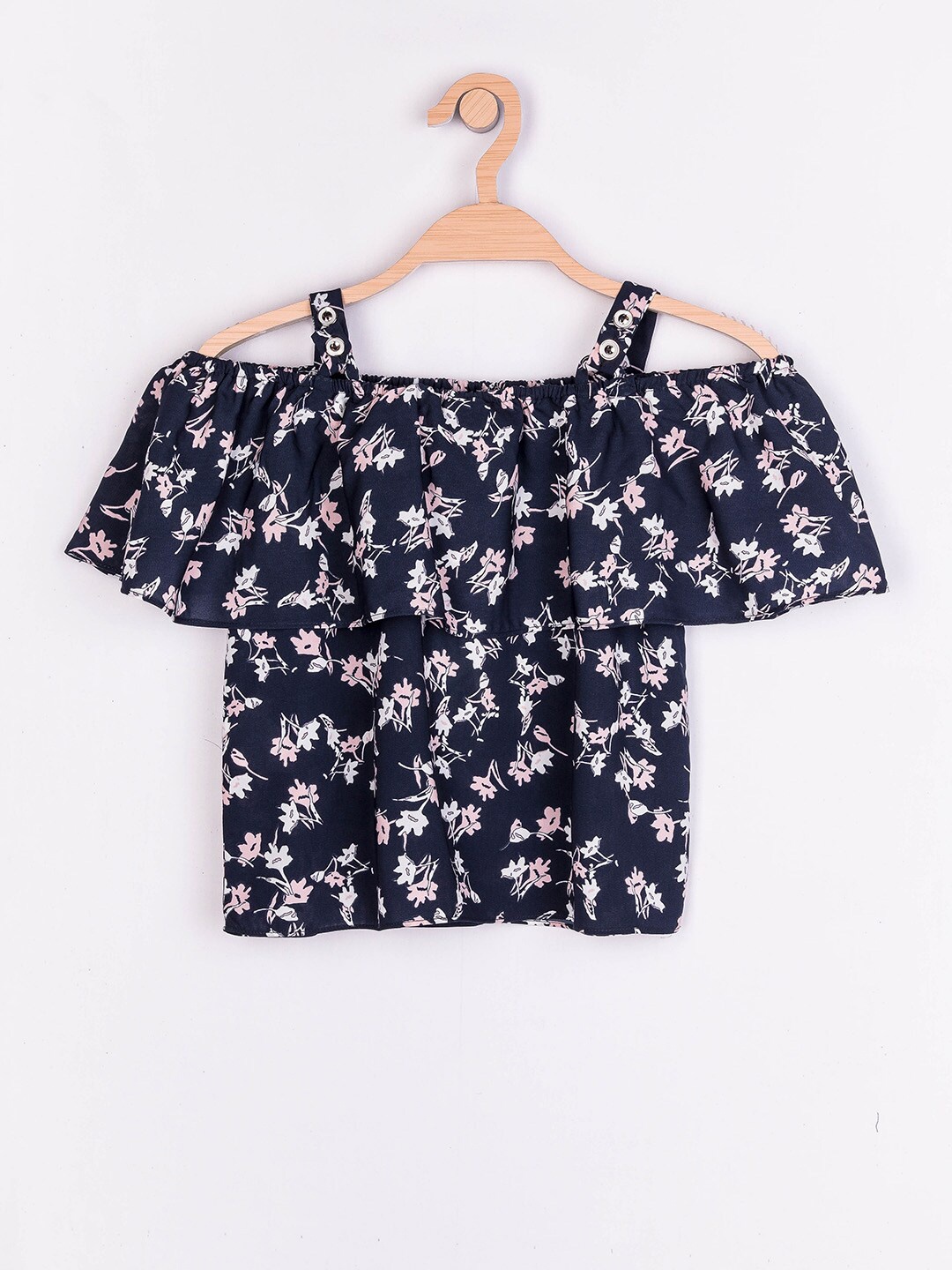 

Peppermint Girls Gathered Floral Printed Off-Shoulder Cape Sleeve Top, Navy blue