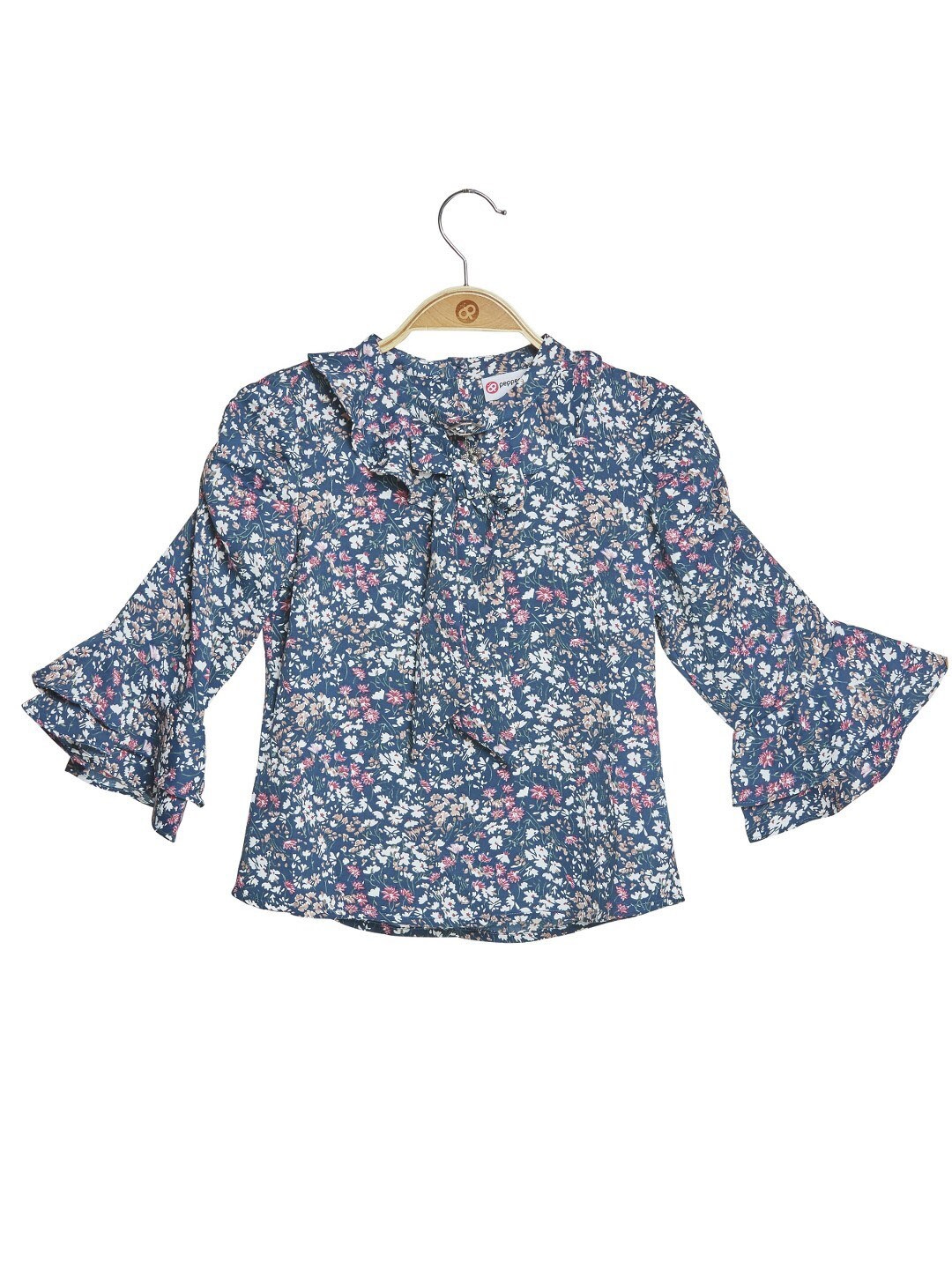 

Peppermint Girls Floral Printed Bell Sleeve Top, Navy blue