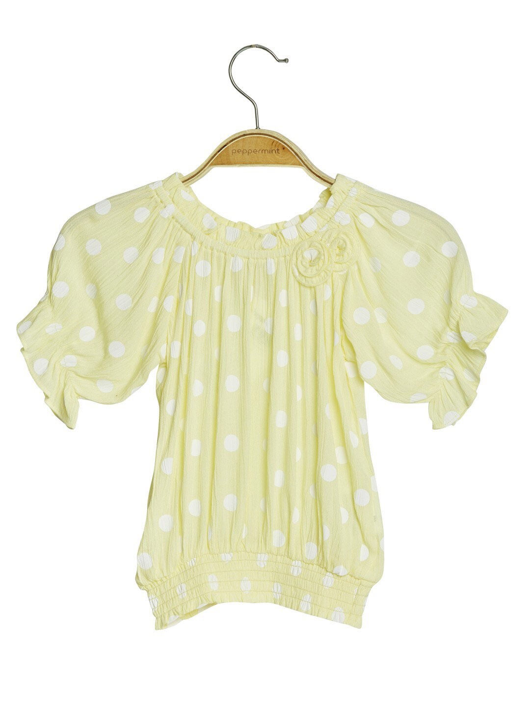 

Peppermint Polka Dots Printed Puff Sleeve Blouson Top, Yellow