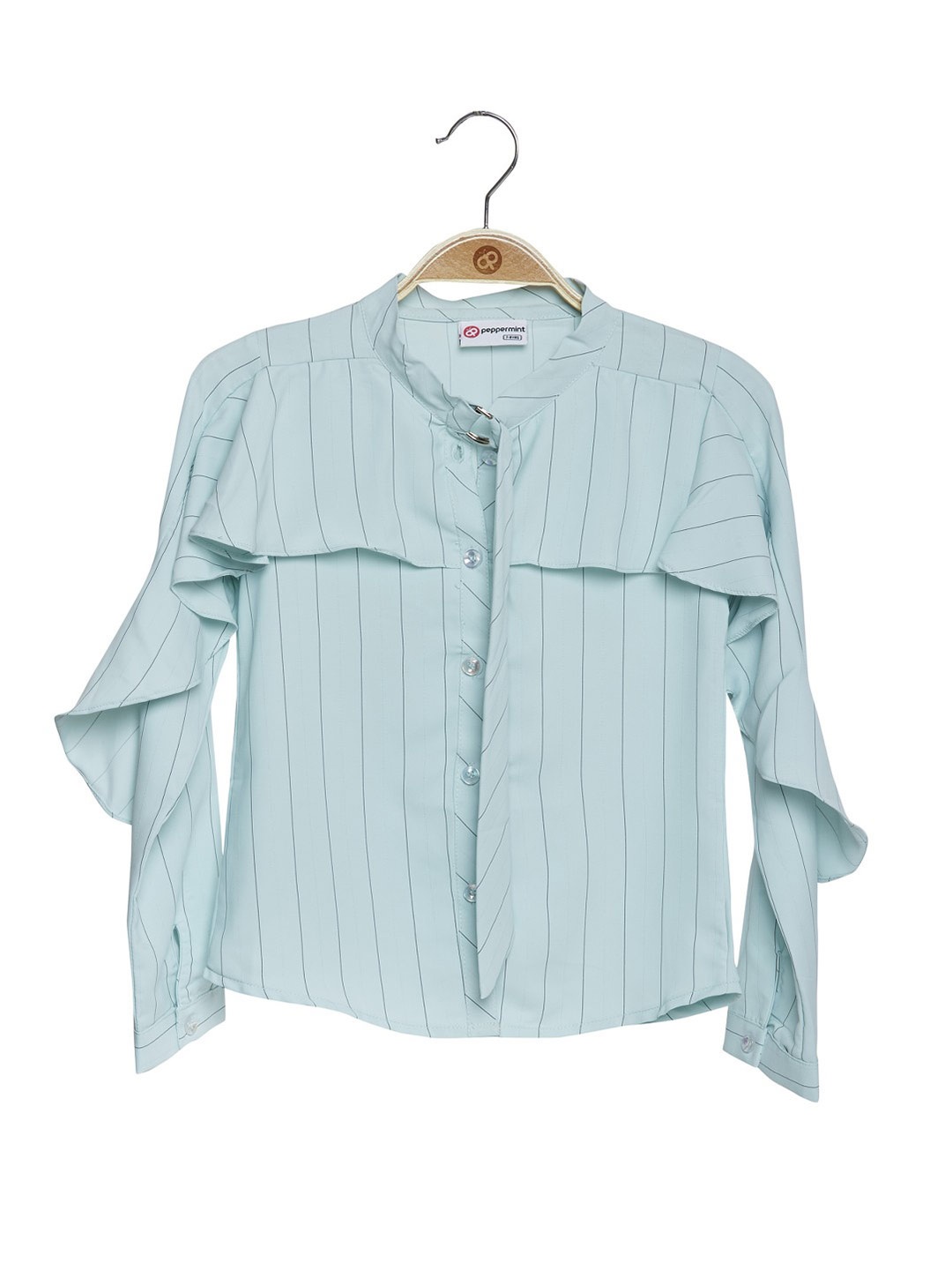 

Peppermint Girls Vertical Striped Mandarin Collar Ruffled Shirt Style Top, Green