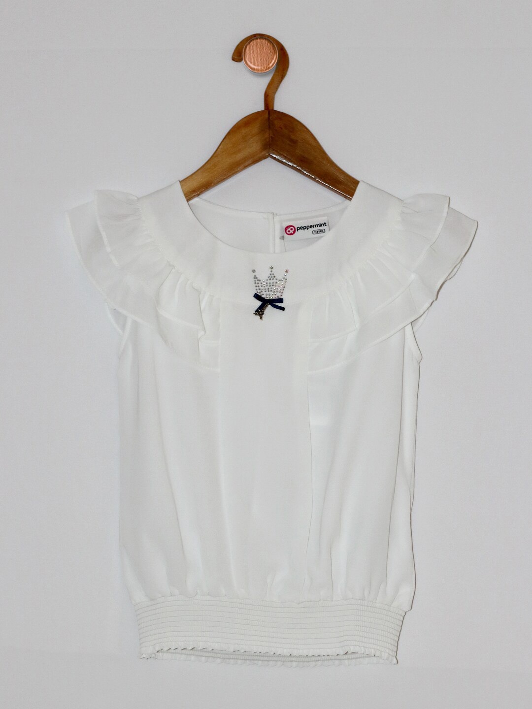 

Peppermint Girls Round Neck Ruffled Satin Blouson Top, White