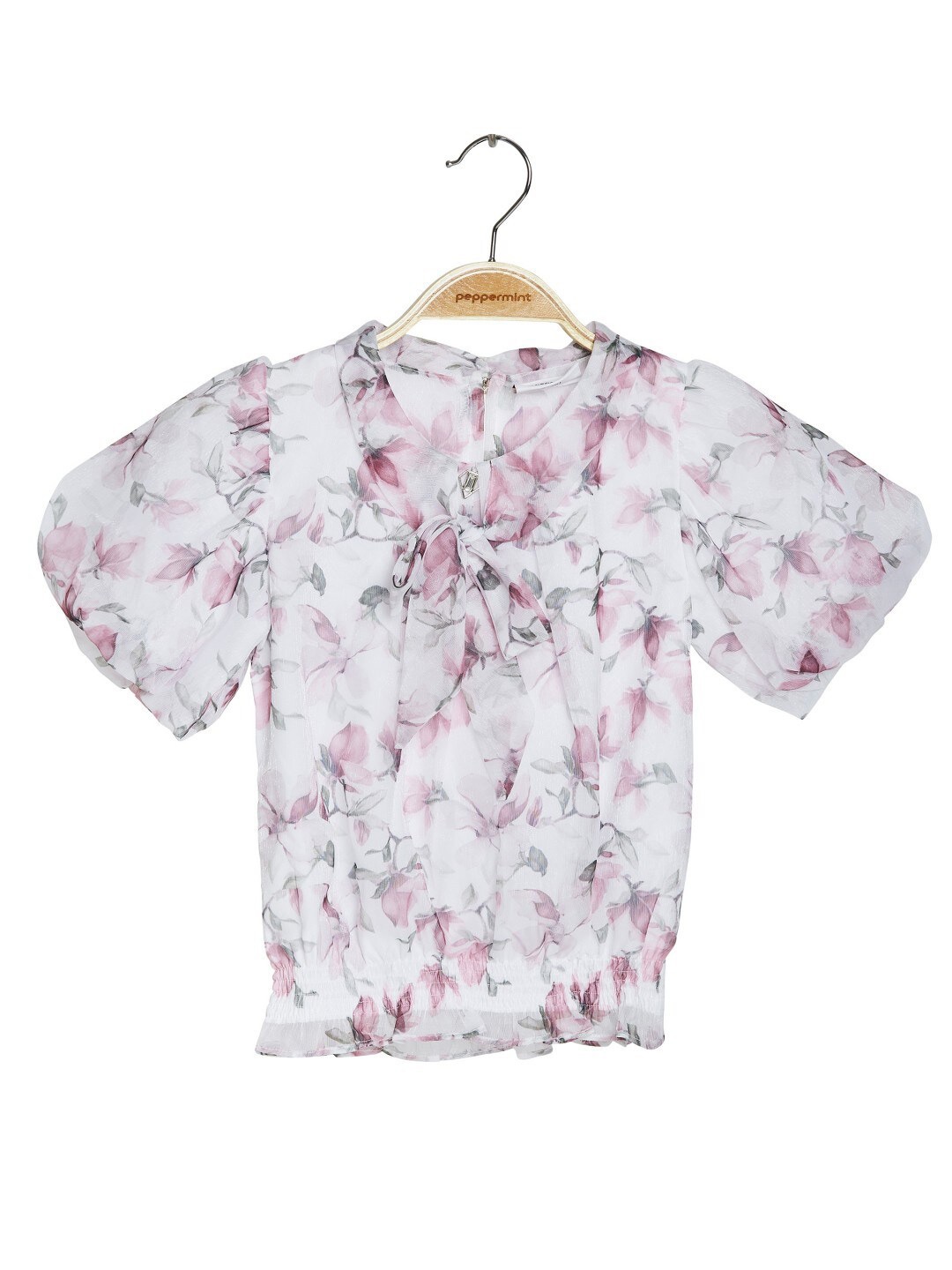 

Peppermint Girls Floral Printed Puff Sleeve Blouson Top, Pink