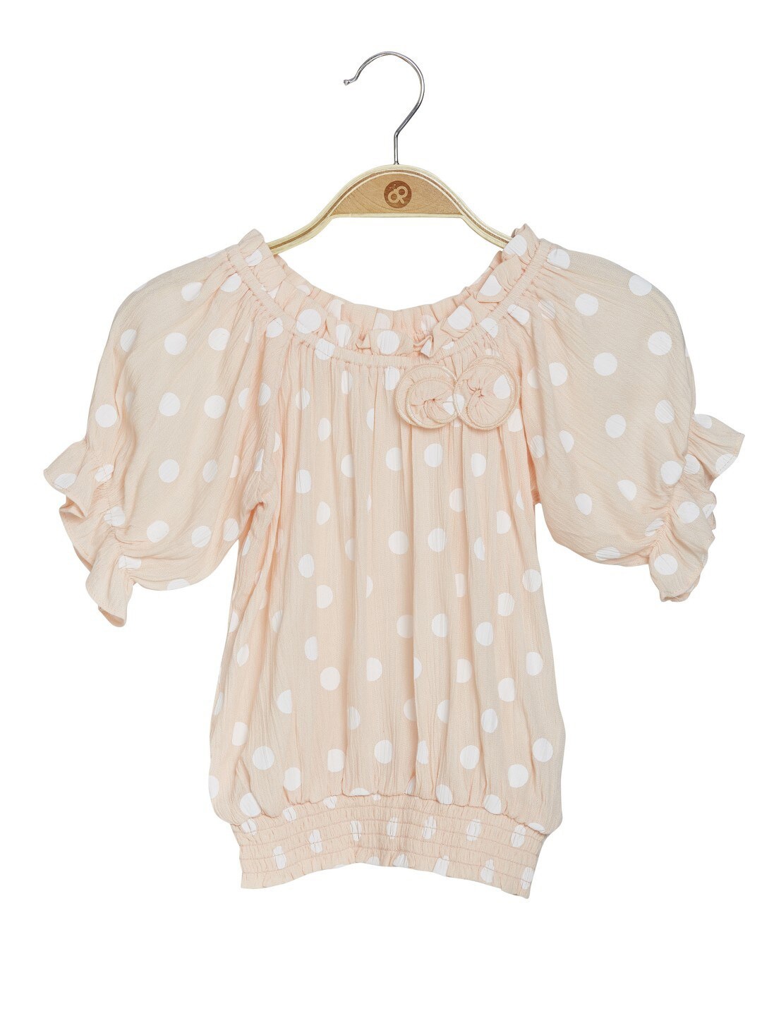 

Peppermint Girls Polka Dot Printed Puff Sleeves Gathered Detail Blouson Top, Orange