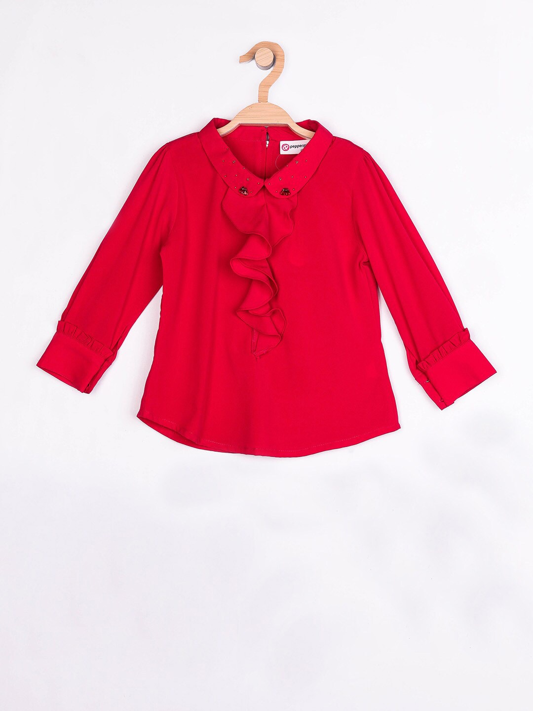 

Peppermint Girls Embellished Cuffed Sleeves Ruffles Detail Top, Red