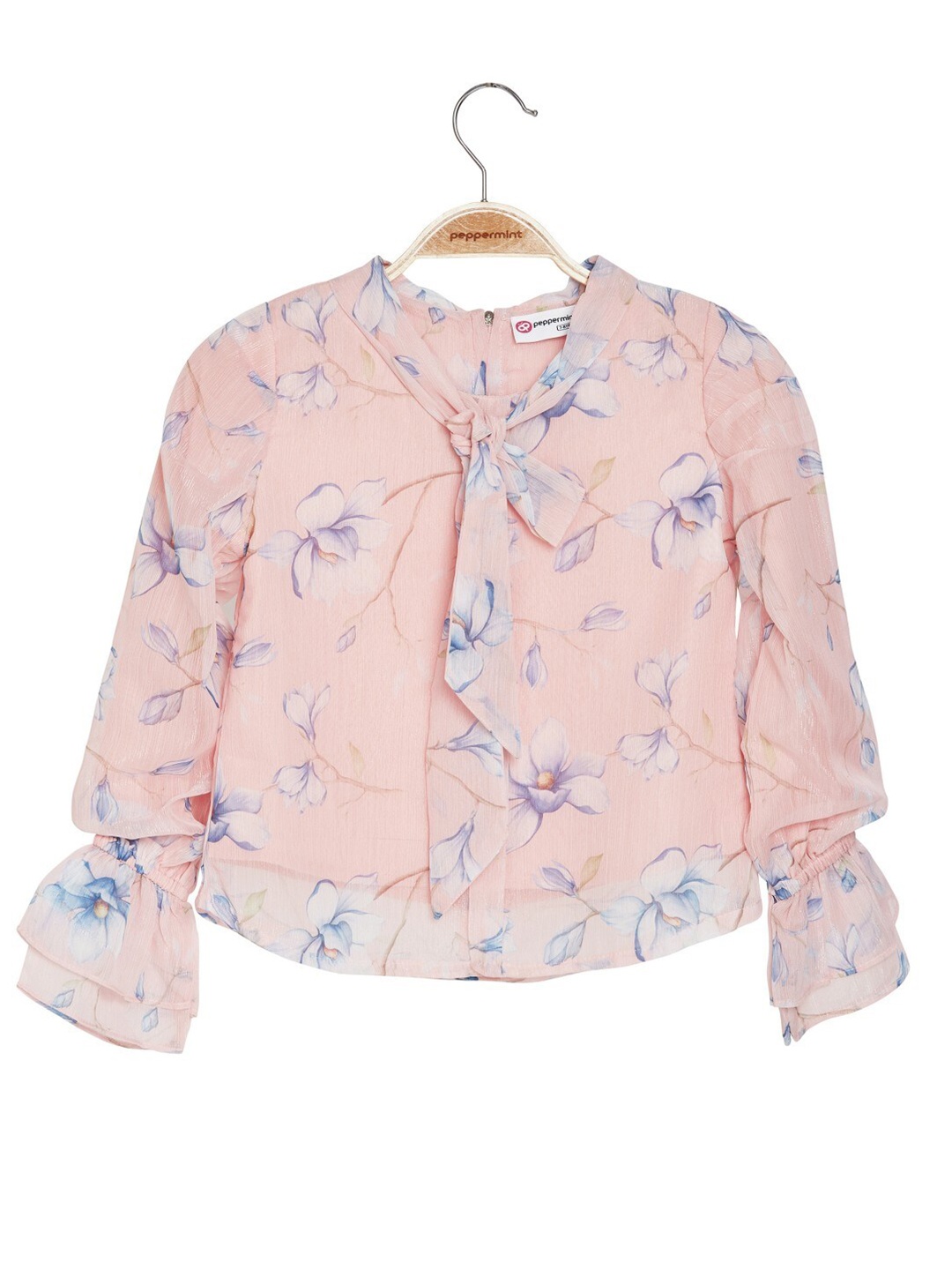 

Peppermint Girls Floral Printed Tie-Up Neck Flared Sleeves Regular Top, Peach