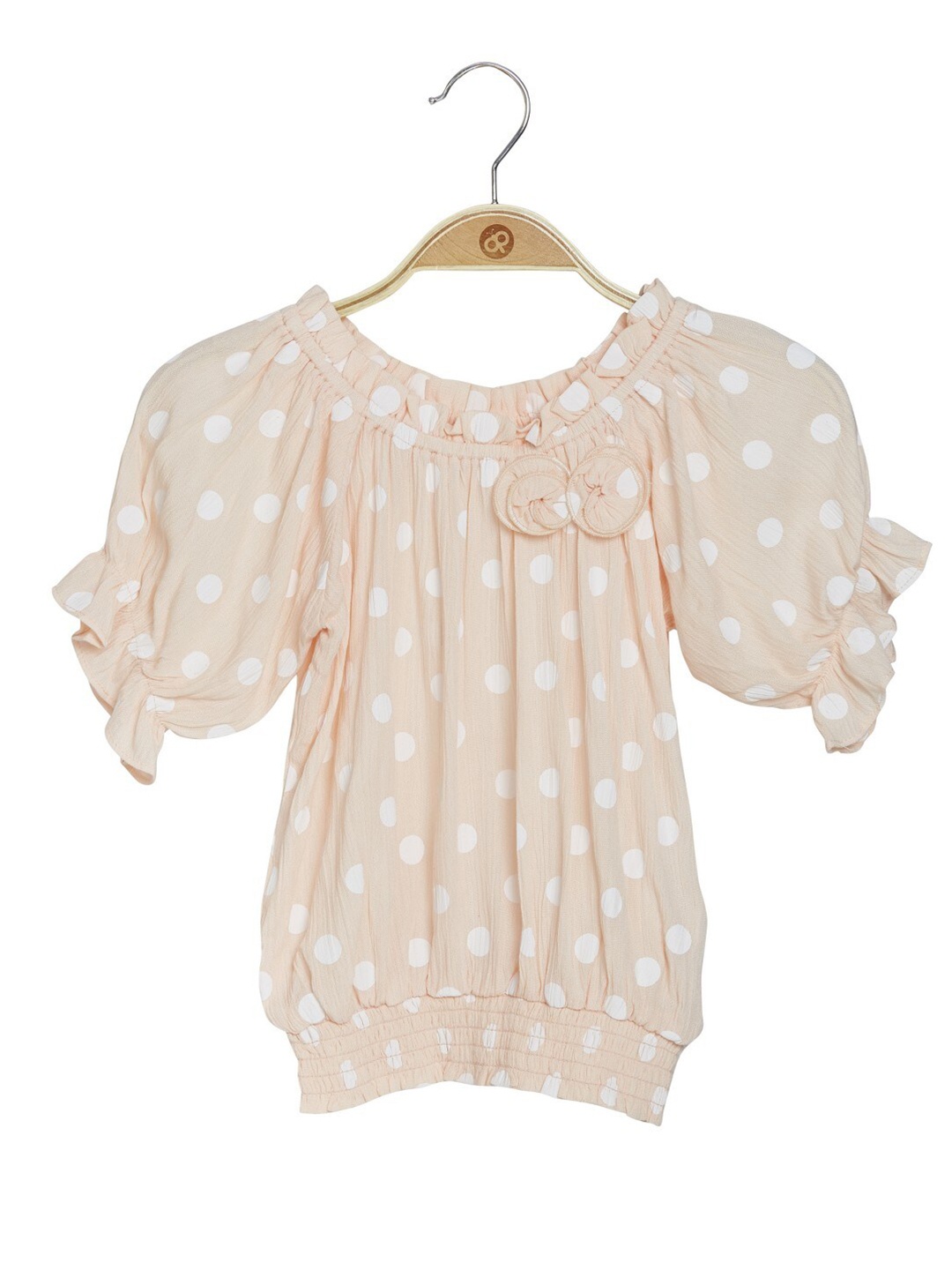 

Peppermint Girls Polka Dot Printed Puff Sleeve Blouson Top, Peach