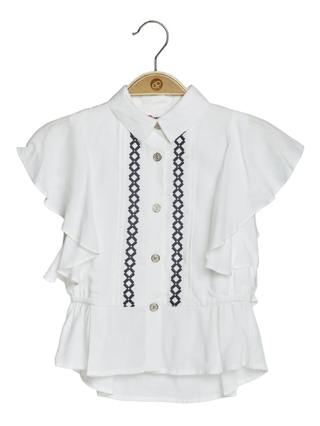 

Peppermint Girls Geometric Embroidered Flutter Sleeves Shirt Style Top, Off white