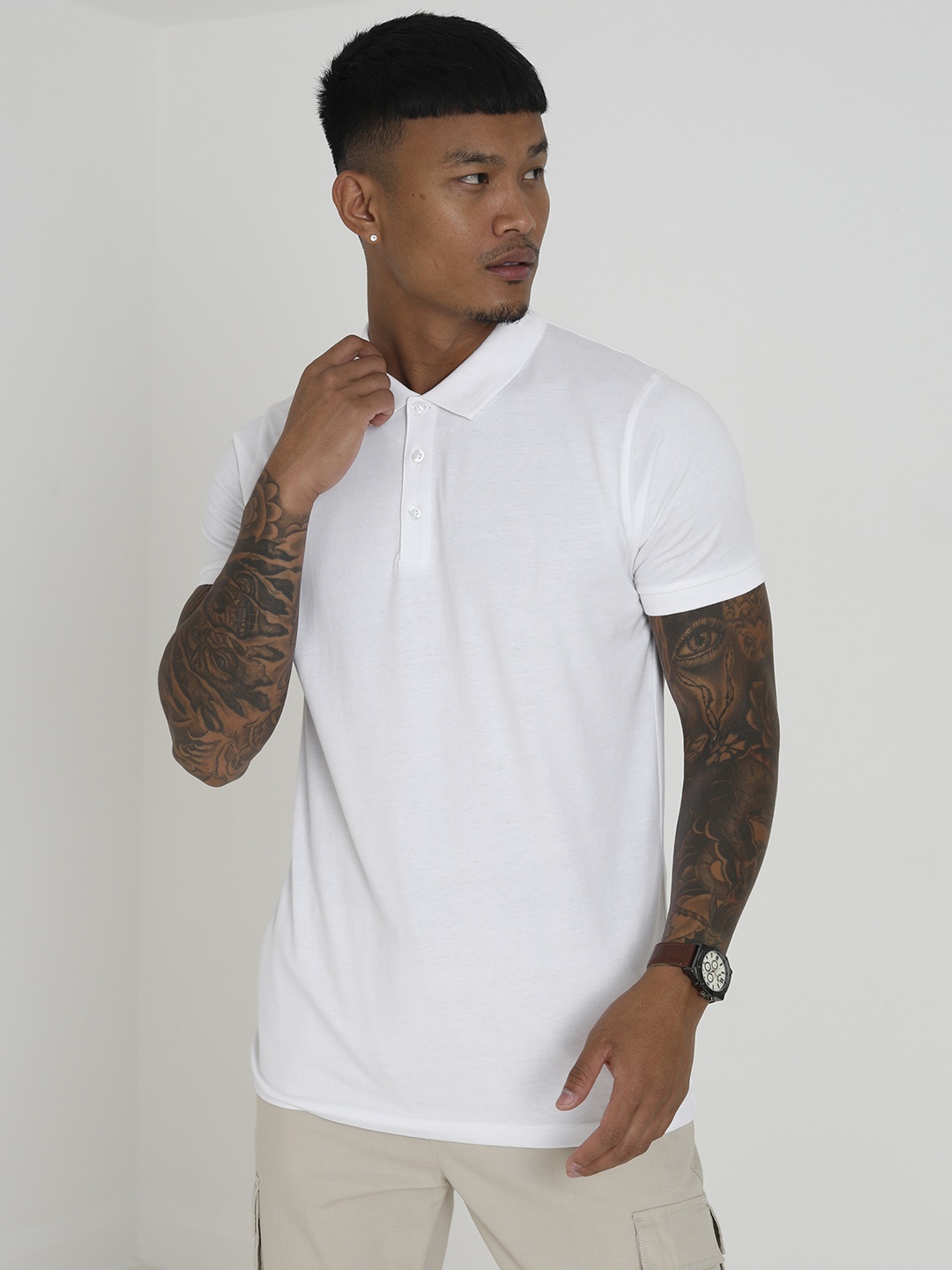 

BRAVE SOUL Men Pure Cotton Polo Collar T-shirt, White