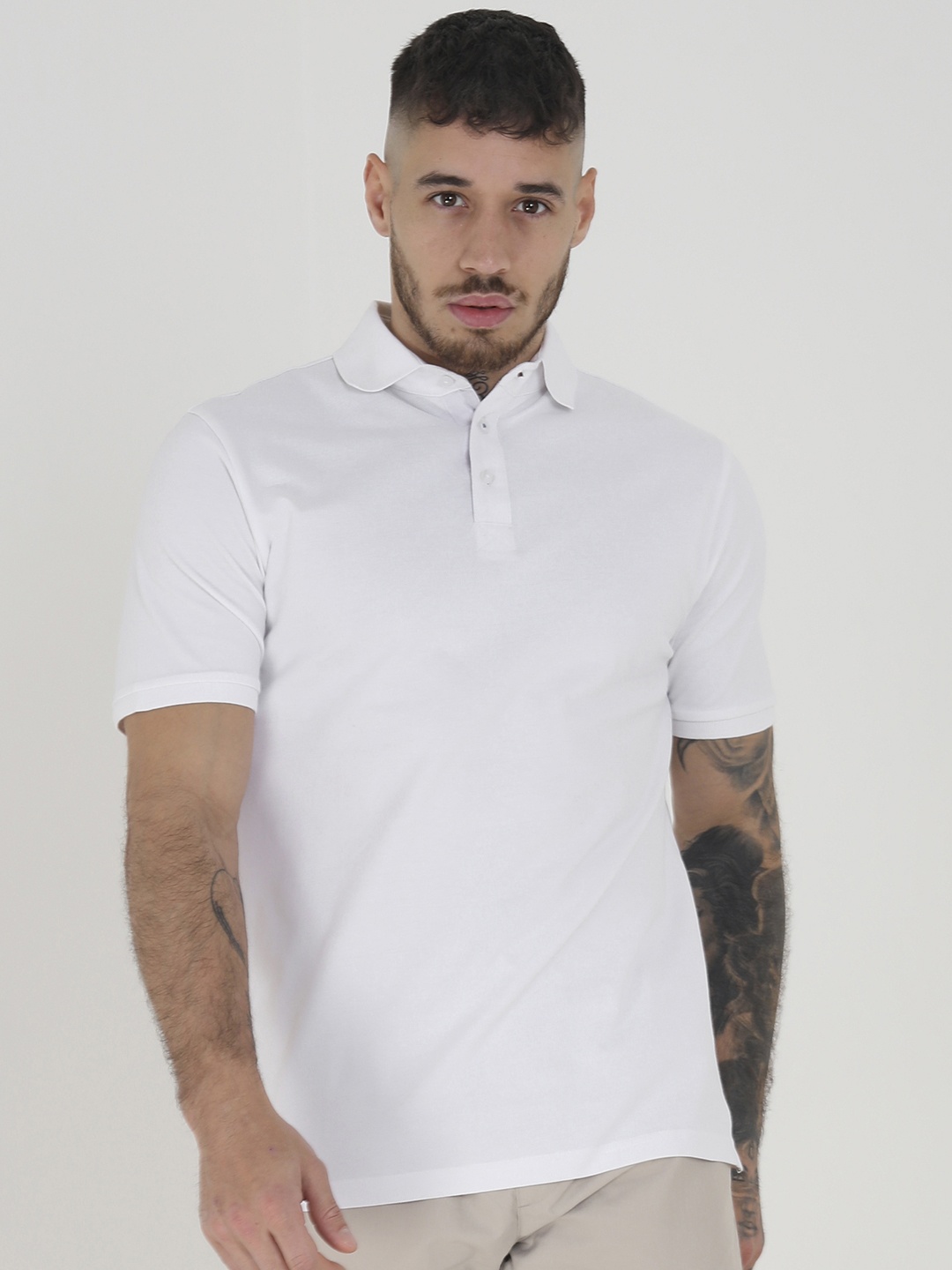 

BRAVE SOUL Men Pure Cotton Polo Collar T-shirt, White