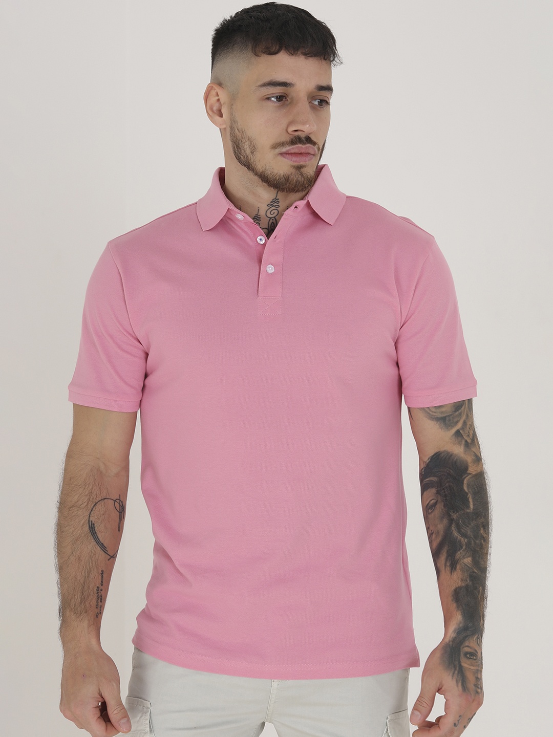 

BRAVE SOUL Men Pure Cotton Polo Collar T-shirt, Pink