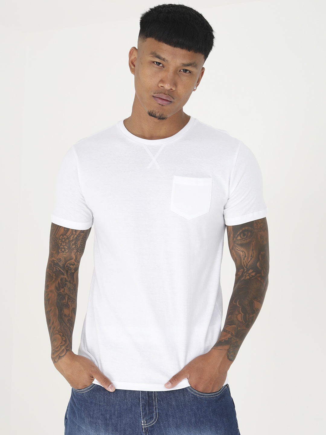 

BRAVE SOUL Men Pure Cotton Pocket T-shirt, White