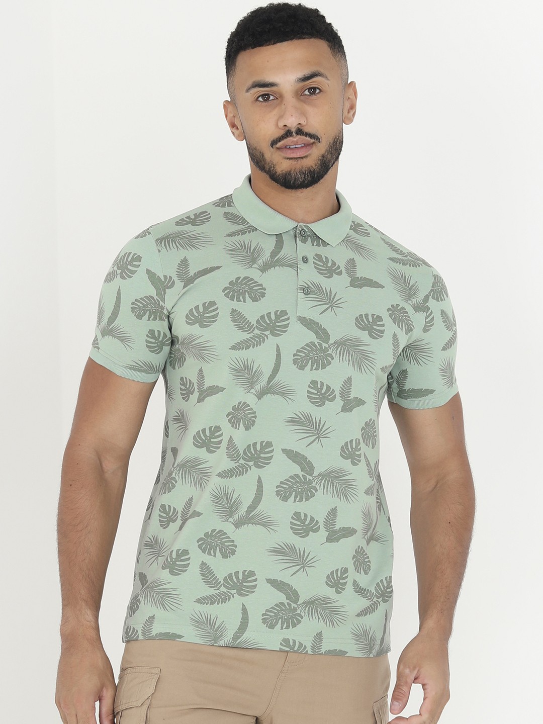 

BRAVE SOUL Men Floral Pure Cotton Polo Collar T-shirt, Green
