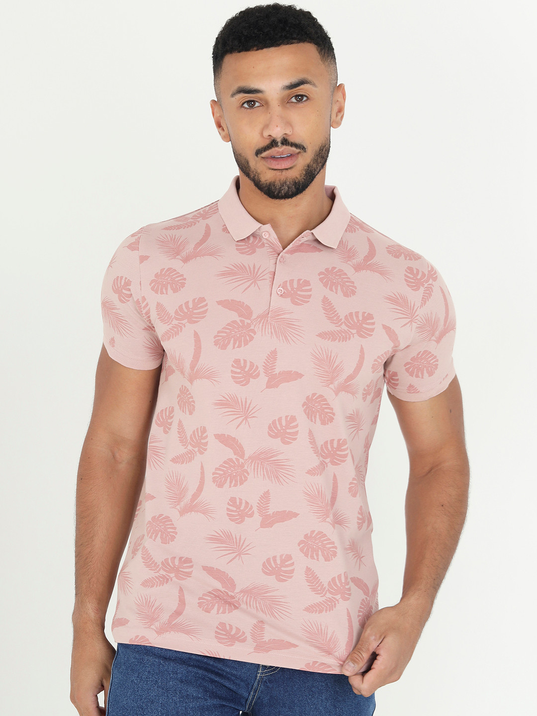 

BRAVE SOUL Men Floral Pure Cotton Polo Collar T-shirt, Pink