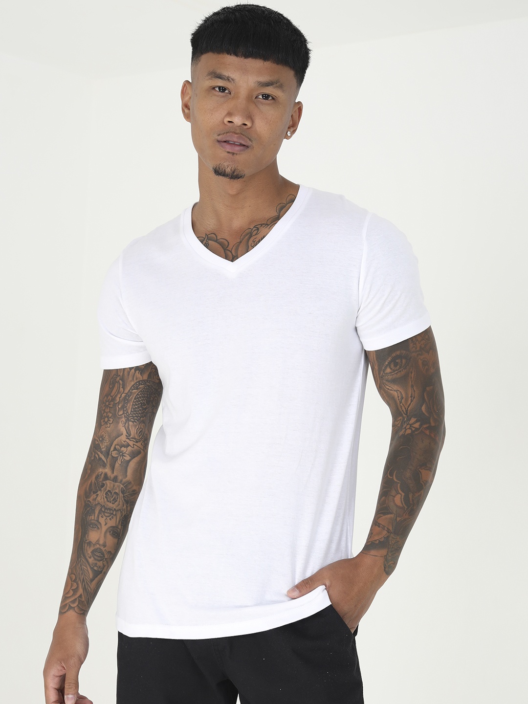 

BRAVE SOUL Men Pure Cotton V-Neck T-shirt, White