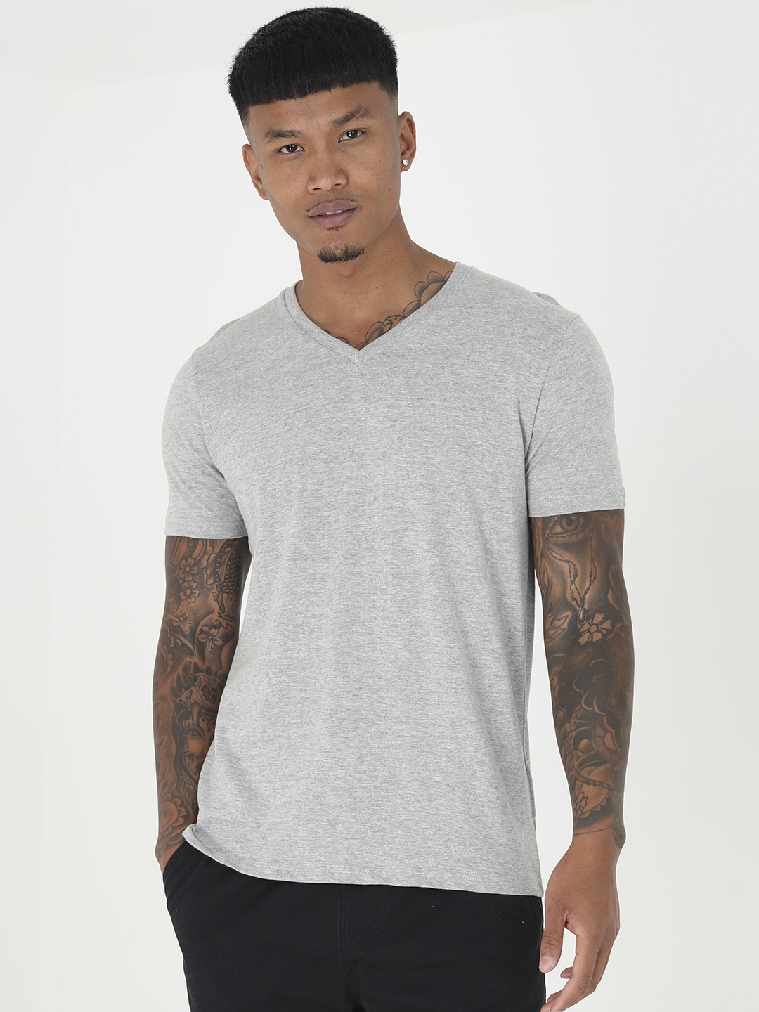 

BRAVE SOUL Men Pure Cotton Melange V-Neck T-shirt, Grey melange