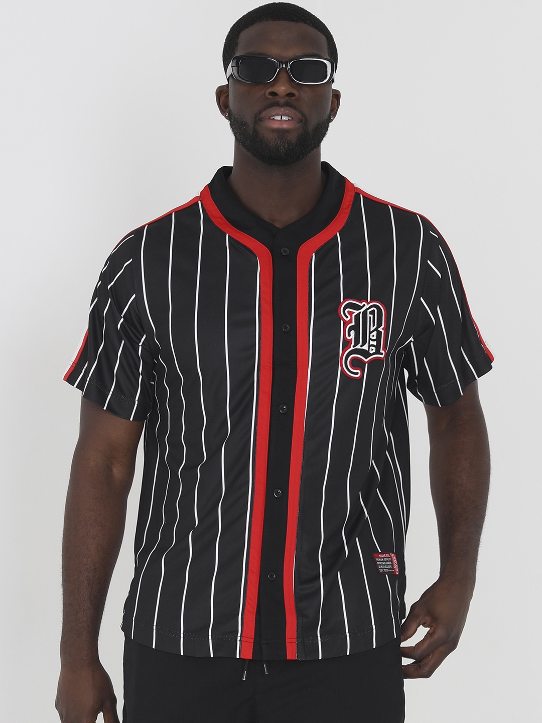 

BRAVE SOUL Striped Applique Detail Varsity Shirt, Black
