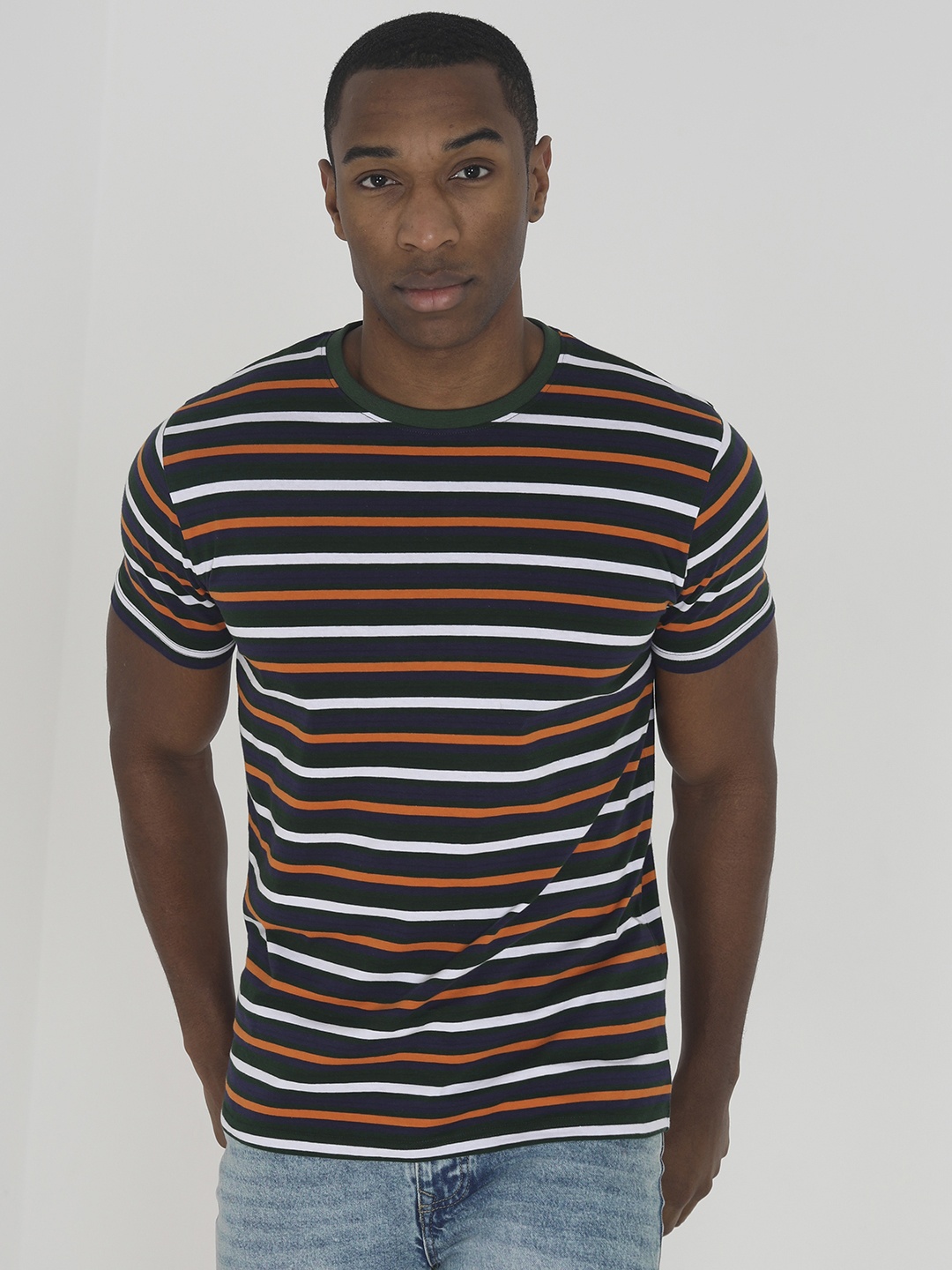

BRAVE SOUL Striped Pure Cotton T-shirt, Green