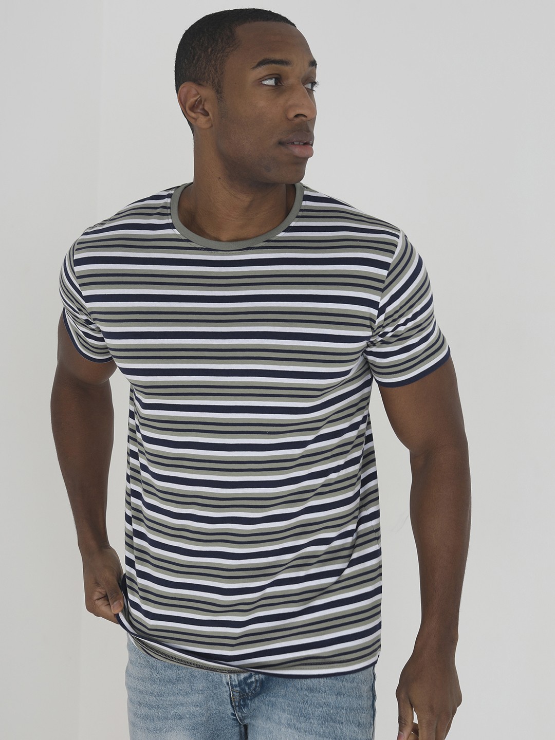 

BRAVE SOUL Striped Pure Cotton T-shirt, Green