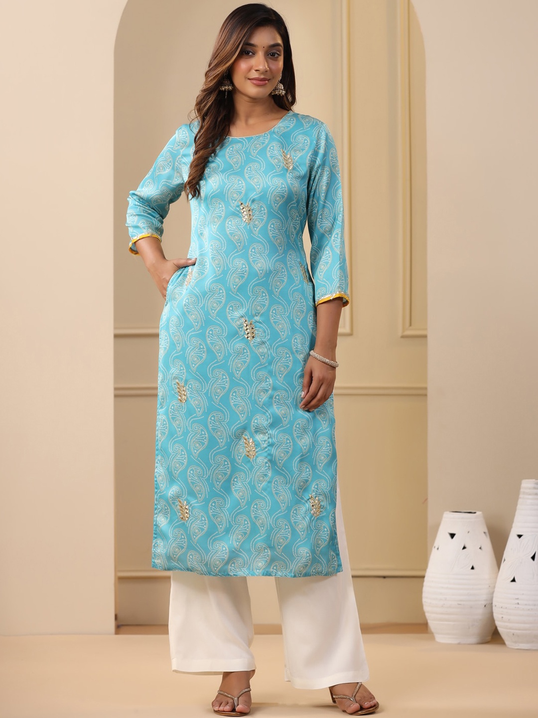 Jaipur Kurti Blue Ethnic Motifs Printed Embroidered Kurta