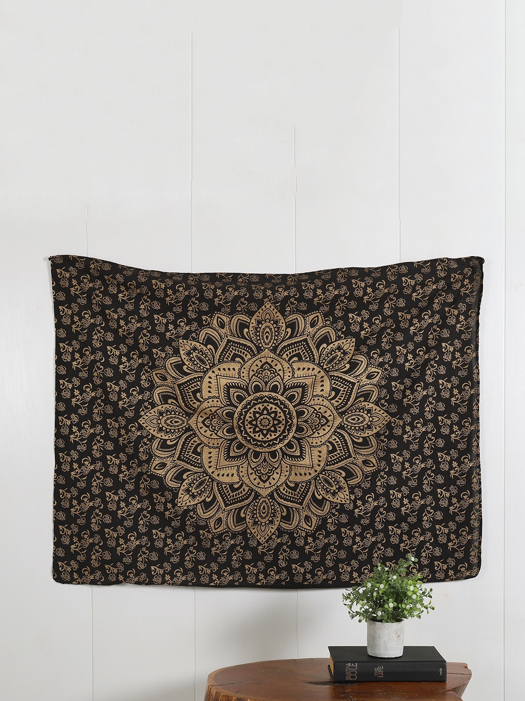 

HANDICRAFT PALACE Black & Gold Toned Ombre Mandala Printed Cotton Tapestry Wall Decor