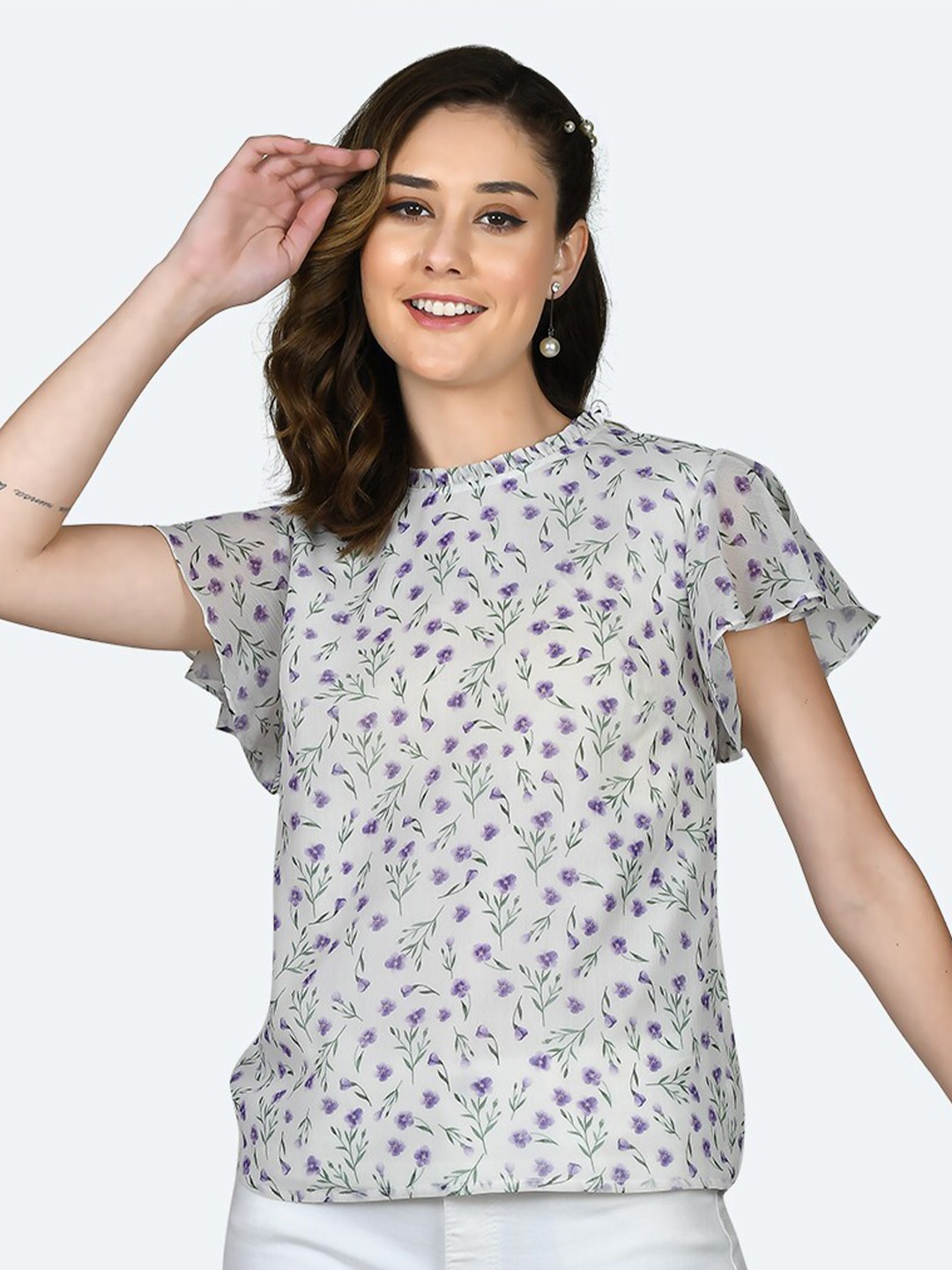 

Zink London Grey Floral Printed Flutter Sleeve Top