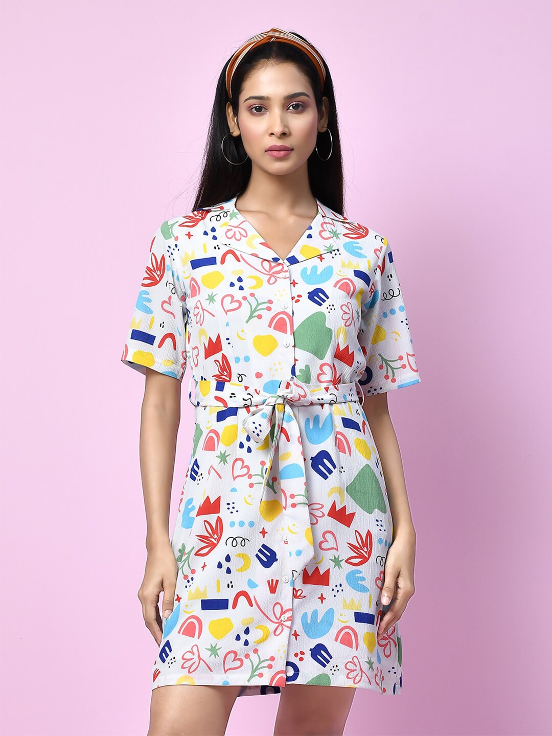 

Zink London Conversational Printed Shirt Dress With Belt, Multi