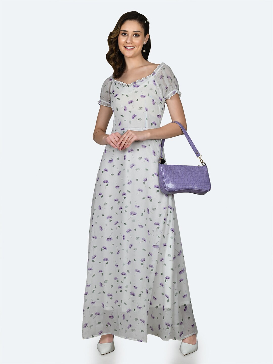 

Zink London White Floral Printed Puff Sleeves Maxi Dress