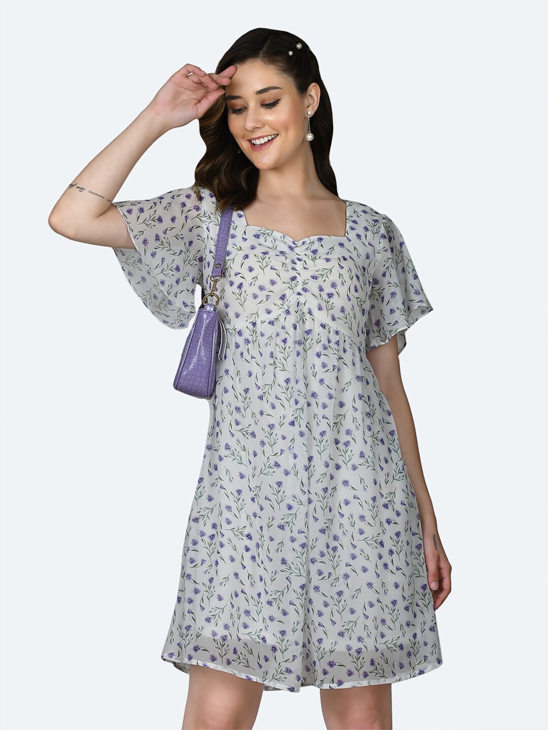 

Zink London White Floral Printed Flared Sleeves A-Line Dress