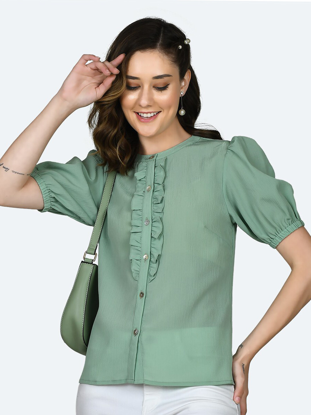 

Zink London Green Self Designed Puff Sleeve Top