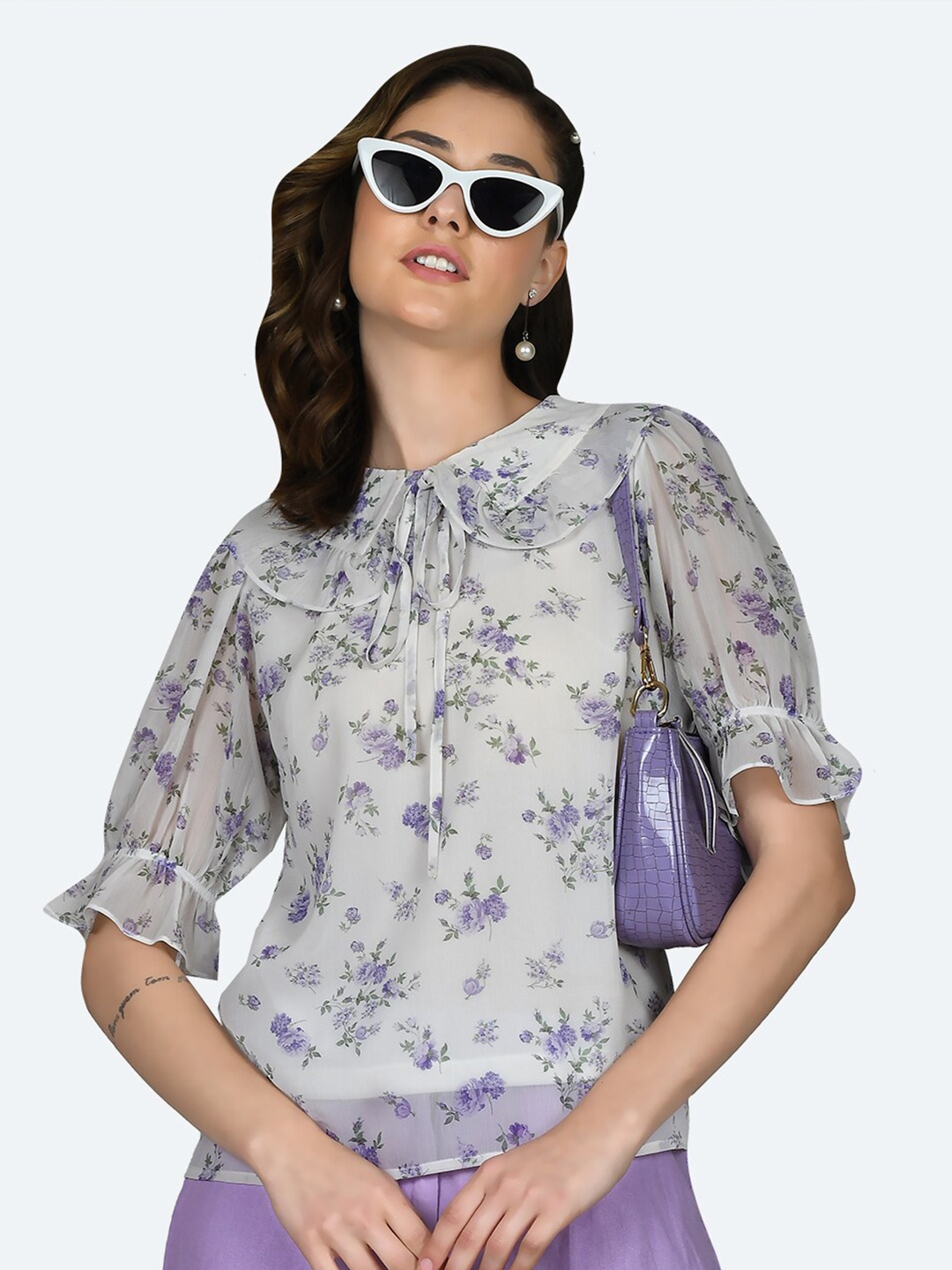 

Zink London Grey Floral Printed Tie-Up Neck Puff Sleeve Top