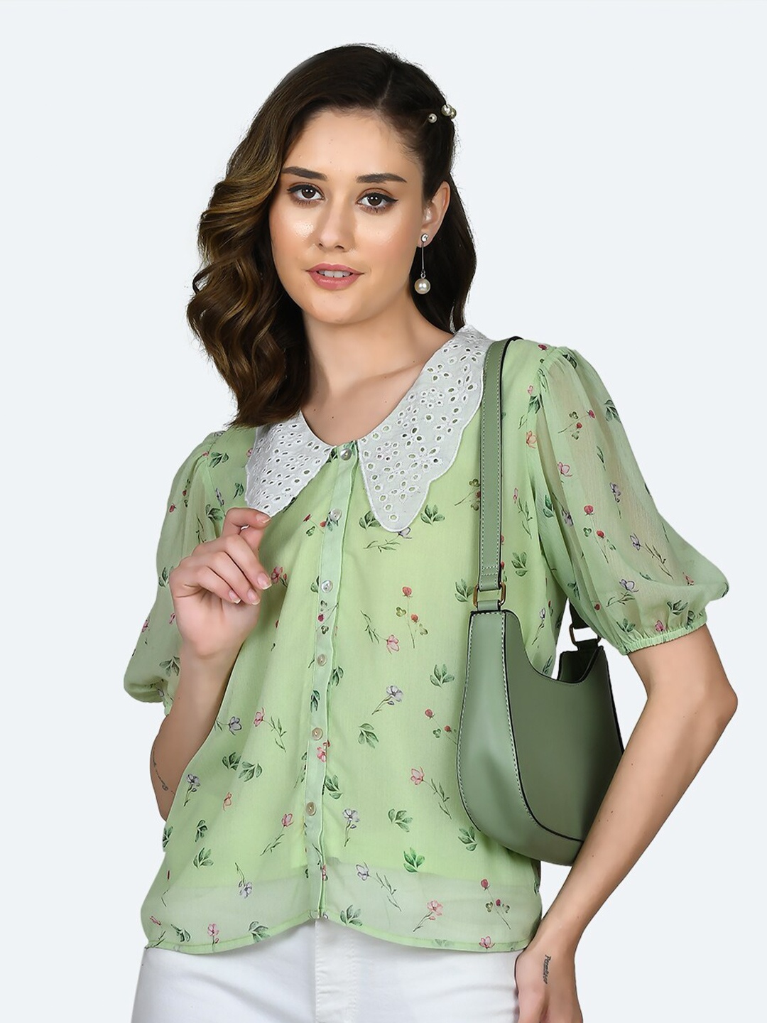 

Zink London Green Floral Printed Above the Keyboard Collar Puff Sleeve Shirt Style Top