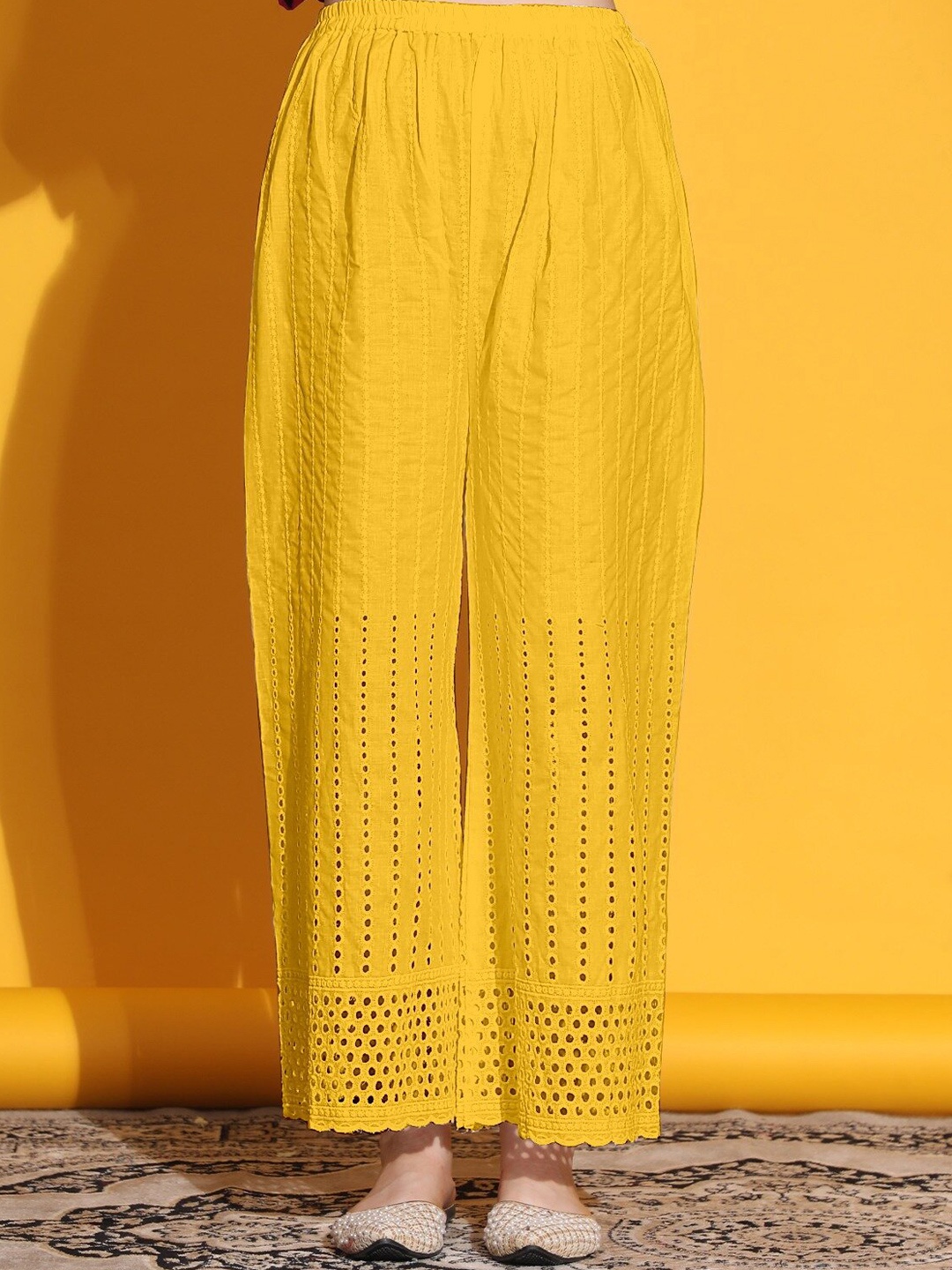 

KALINI Striped Flared Knitted Cotton Ethnic Palazzos, Yellow