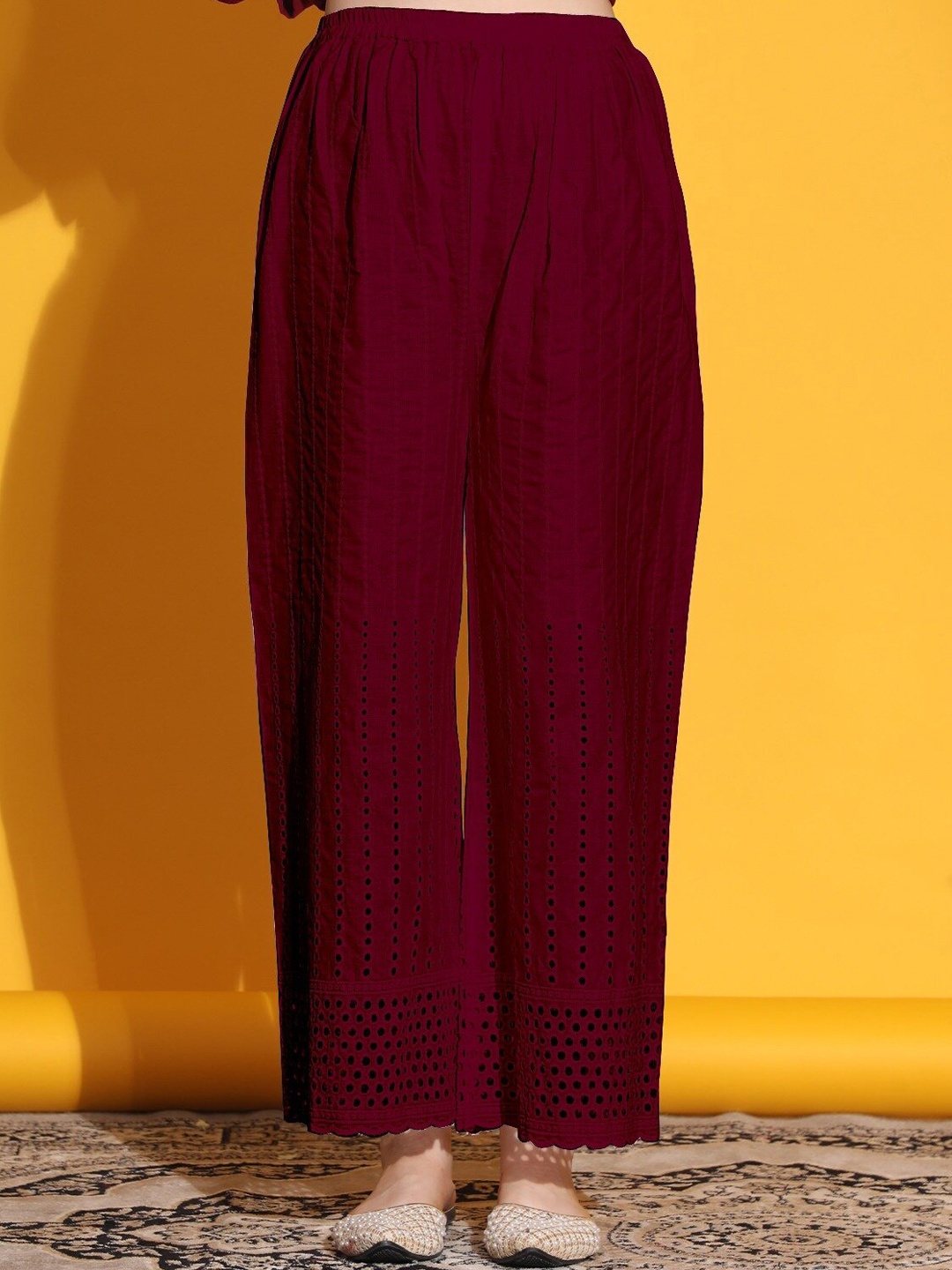 

KALINI Striped Wide Leg Cotton Ethnic Palazzos, Burgundy