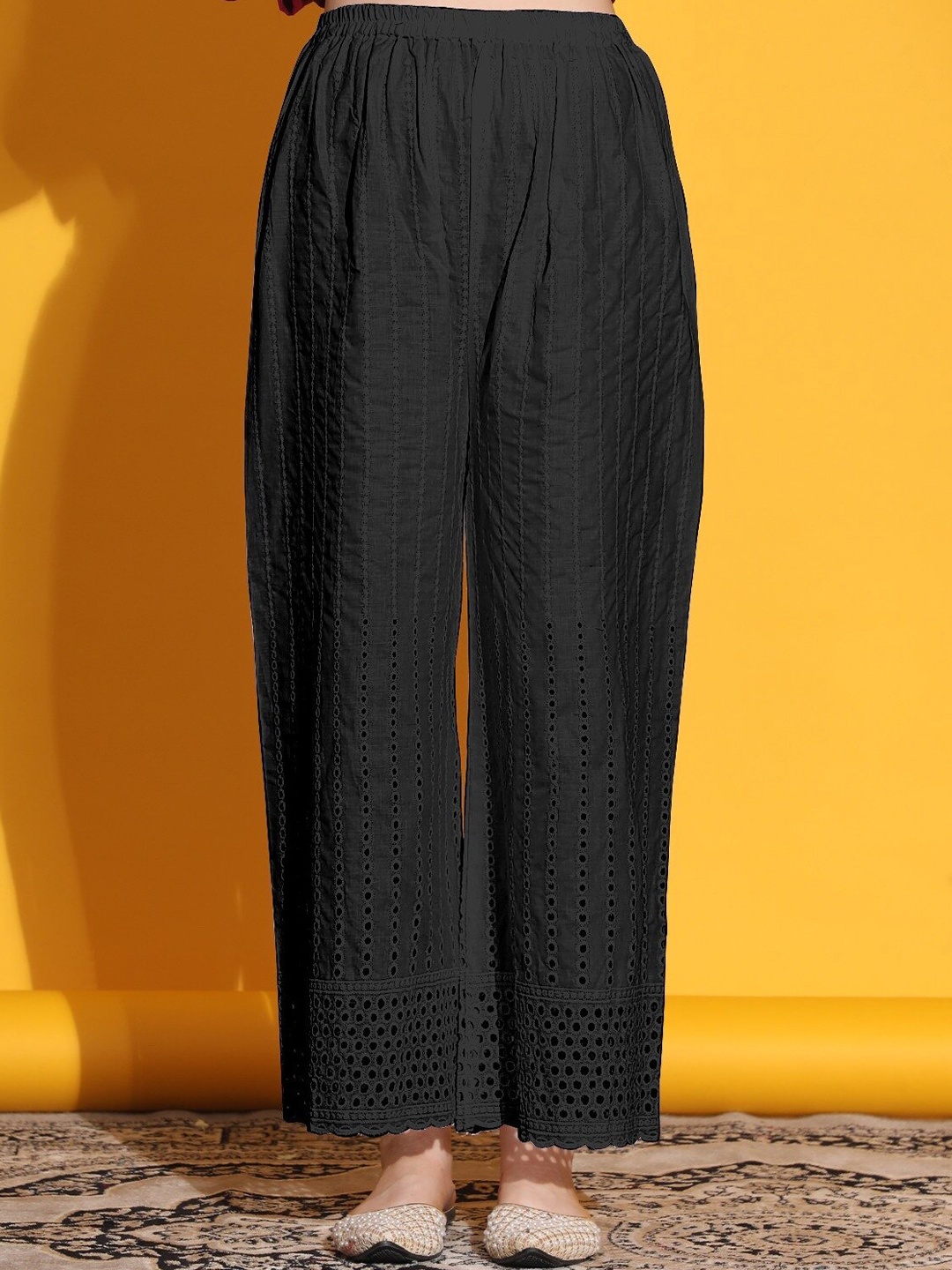 

KALINI Striped Cotton Ethnic Palazzos, Black