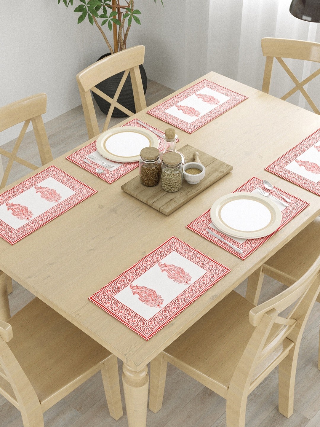 

LIVING ROOTS Pink & White 6-Pieces Printed Pure Cotton Table Placemats