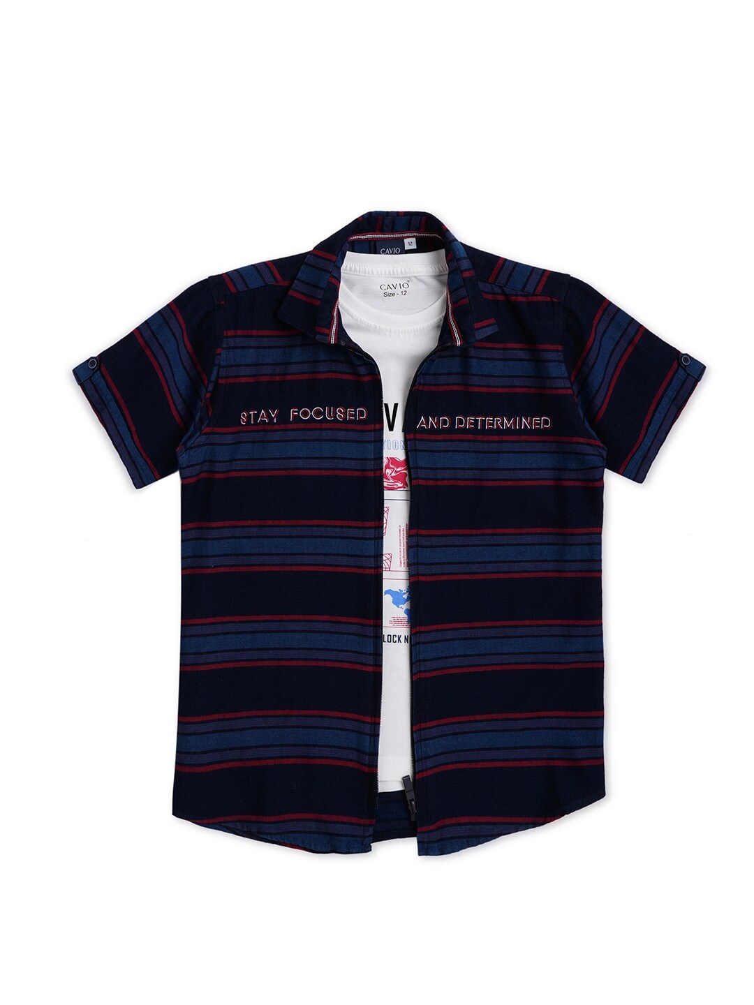 

CAVIO Boys Comfort Horizontal Striped Pure Cotton Casual Shirt With T-Shirt, Navy blue