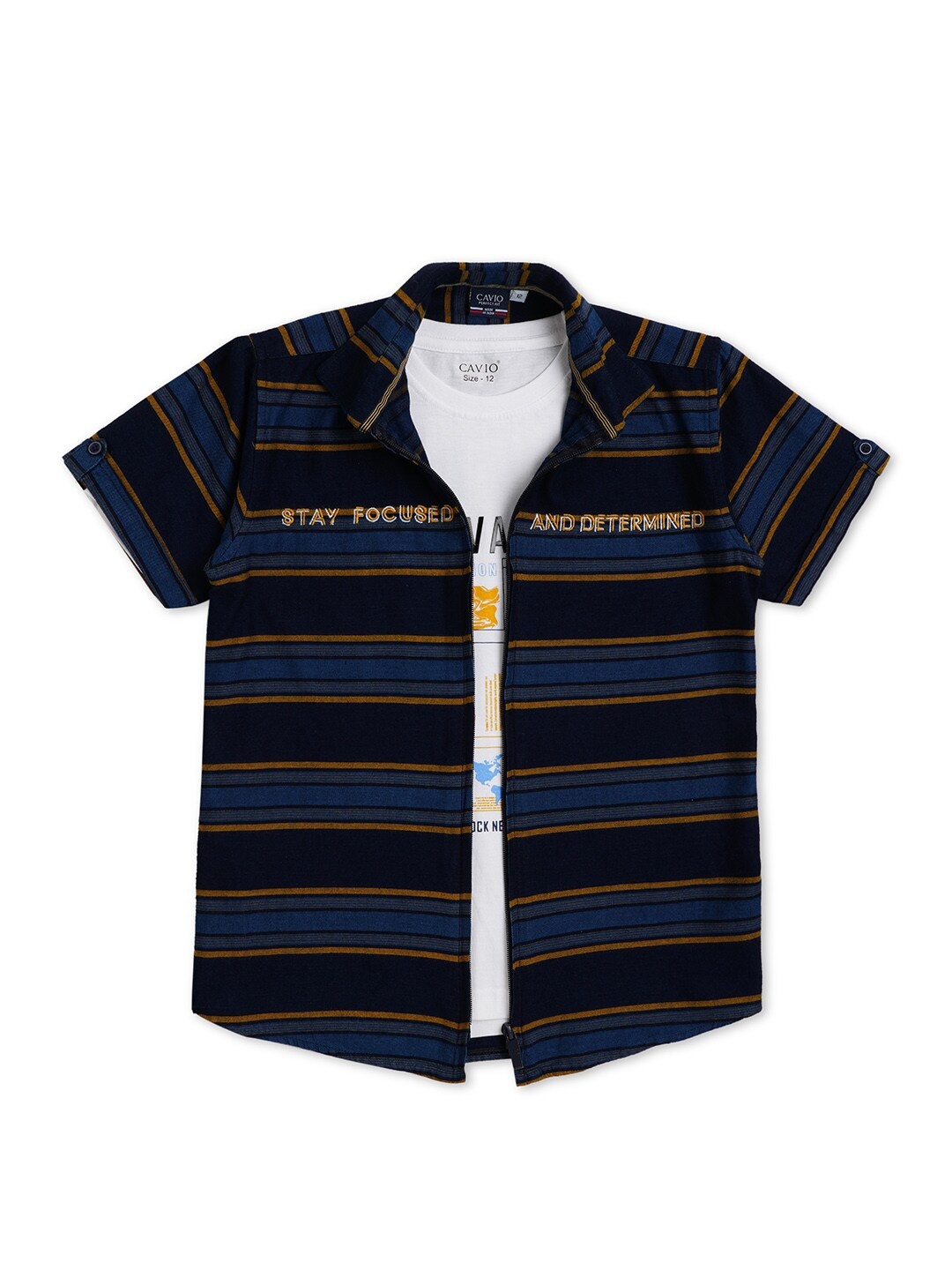 

CAVIO Boys Comfort Horizontal Striped Pure Cotton Casual Shirt With T-Shirt, Navy blue
