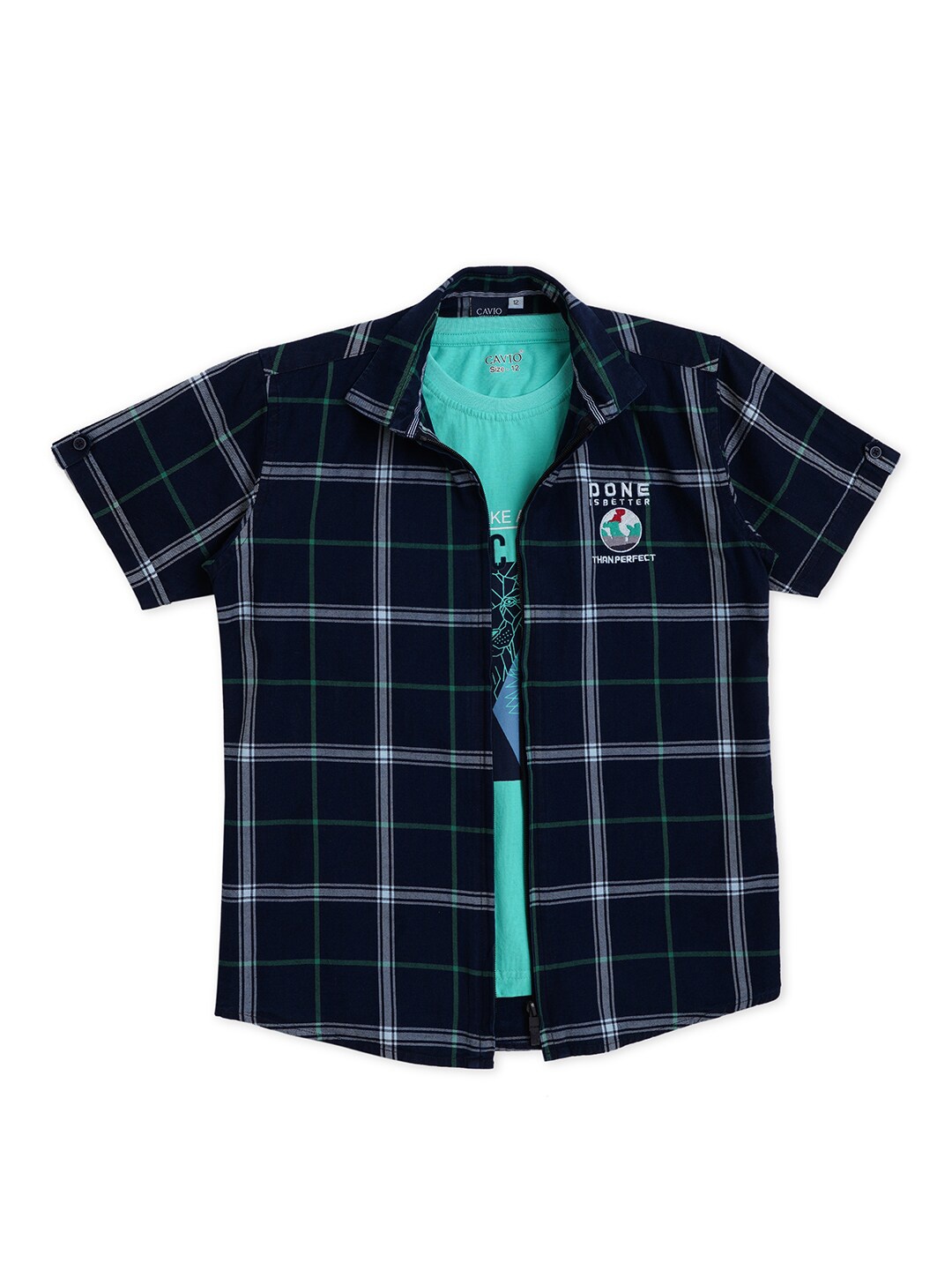 

CAVIO Boys Comfort Checked Casual Shirt With T-shirt, Navy blue