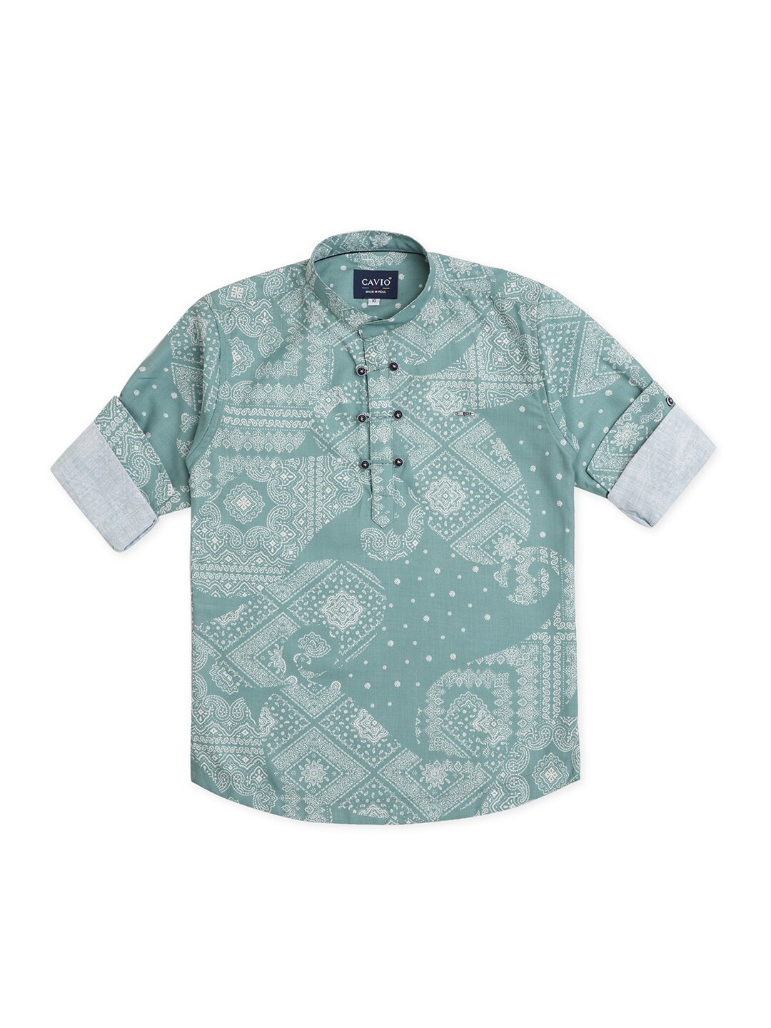 

CAVIO Boys Comfort Ethnic Motifs Printed Pure Cotton Casual Shirt, Green