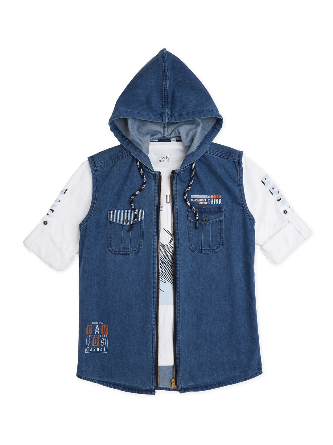 

CAVIO Boys Comfort Hooded Denim Casual Shirt With T-Shirt, Blue