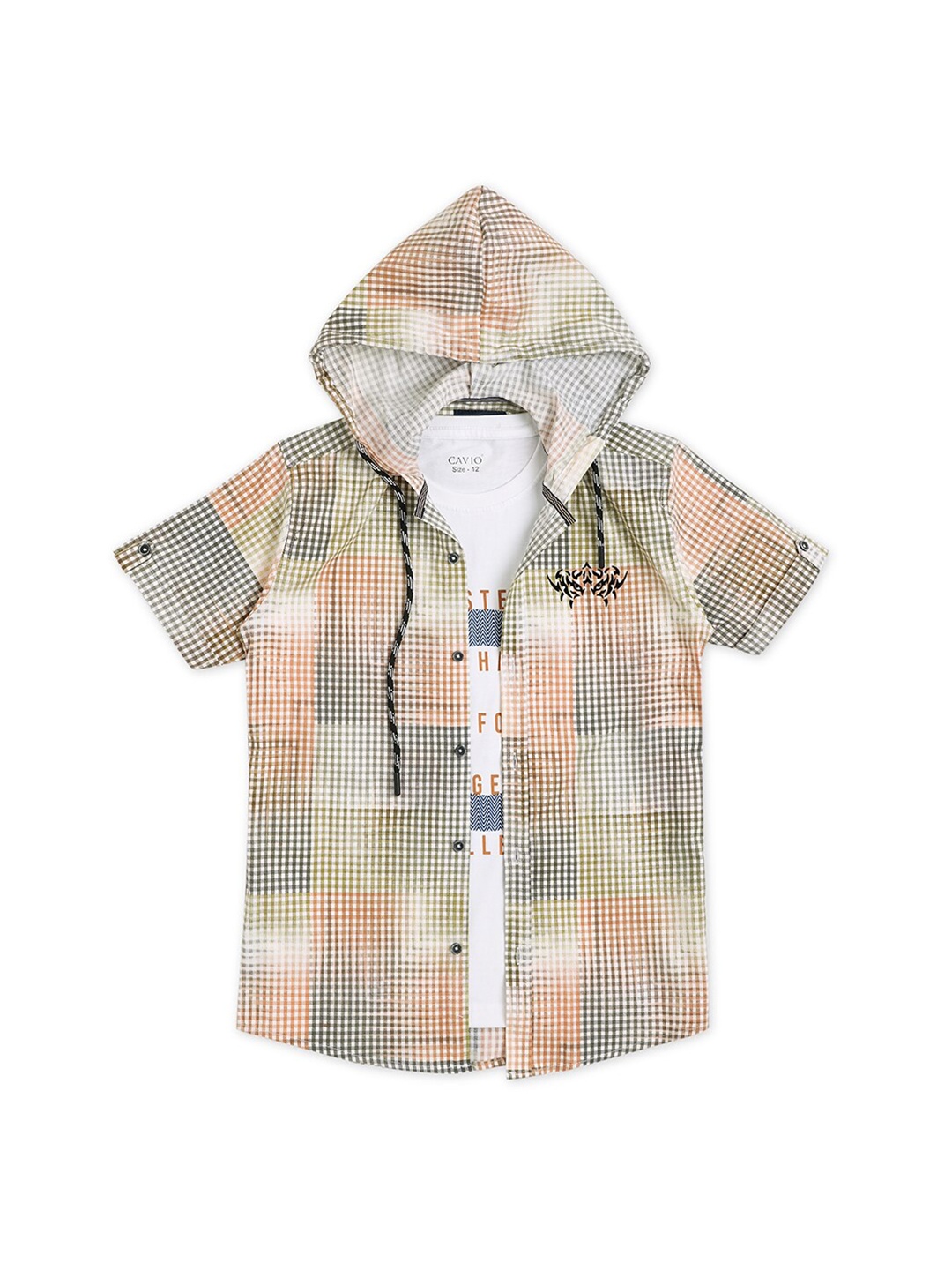 

CAVIO Boys Comfort Checked Hooded Pure Cotton Casual Shirt With T-Shirt, Mustard