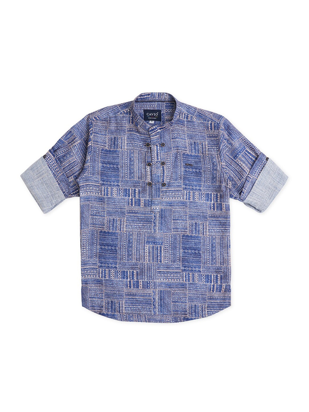 

CAVIO Boys Comfort Geometric Printed Roll Up Sleeves Pure Cotton Casual Shirt, Blue