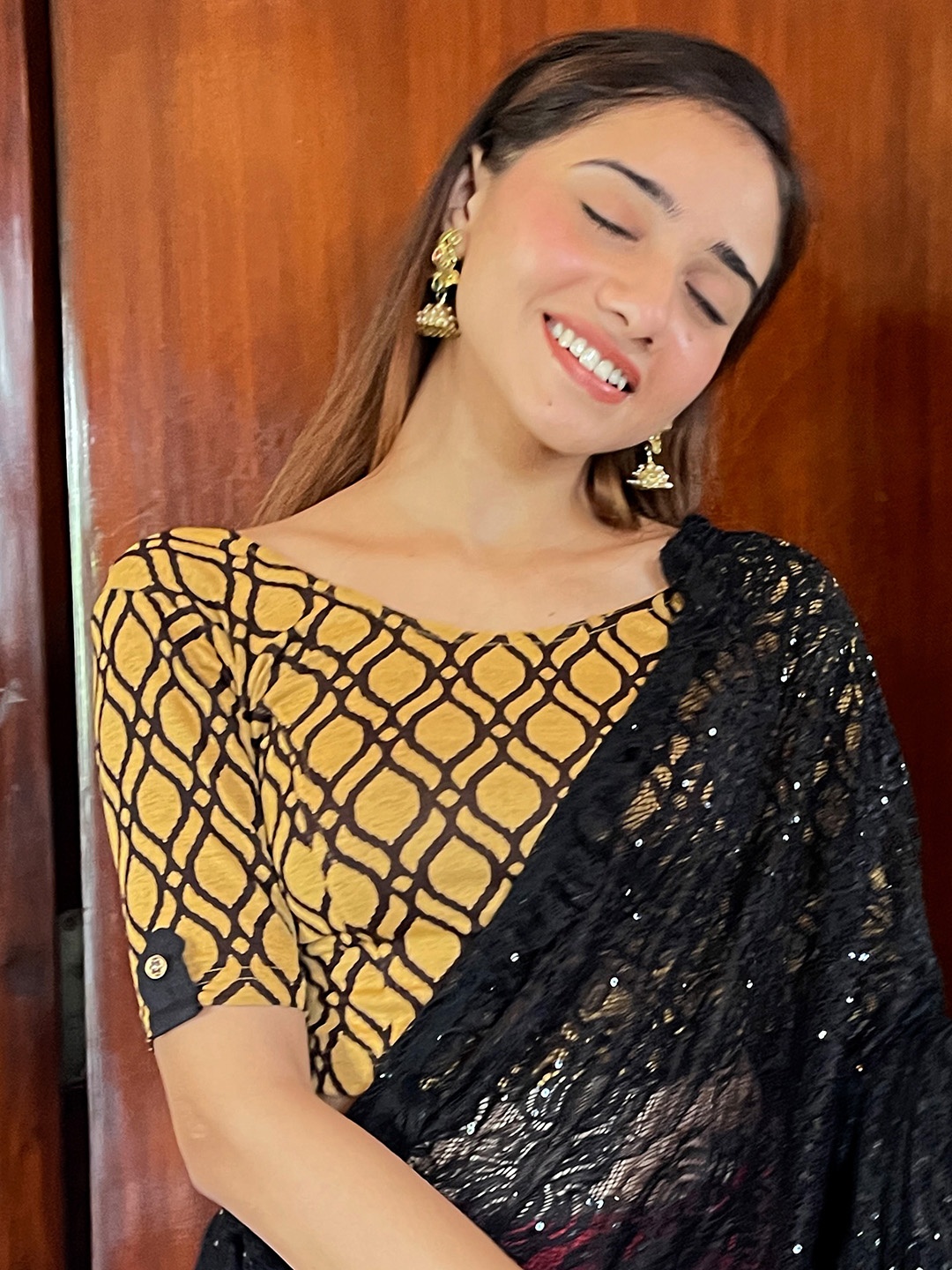 

Bindigasm's Advi Printed Saree Blouse, Mustard