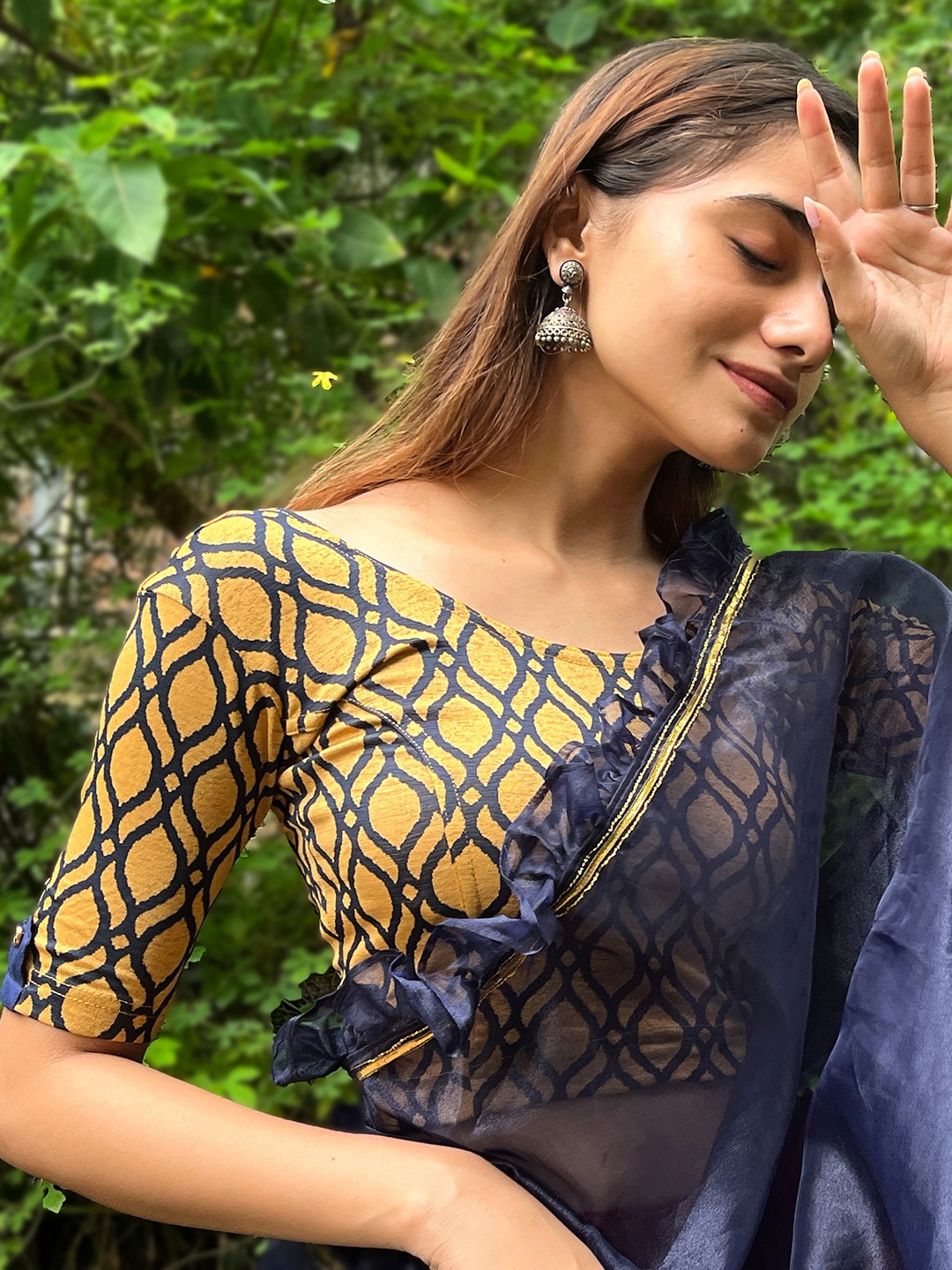 

Bindigasm's Advi Printed Saree Blouse, Mustard