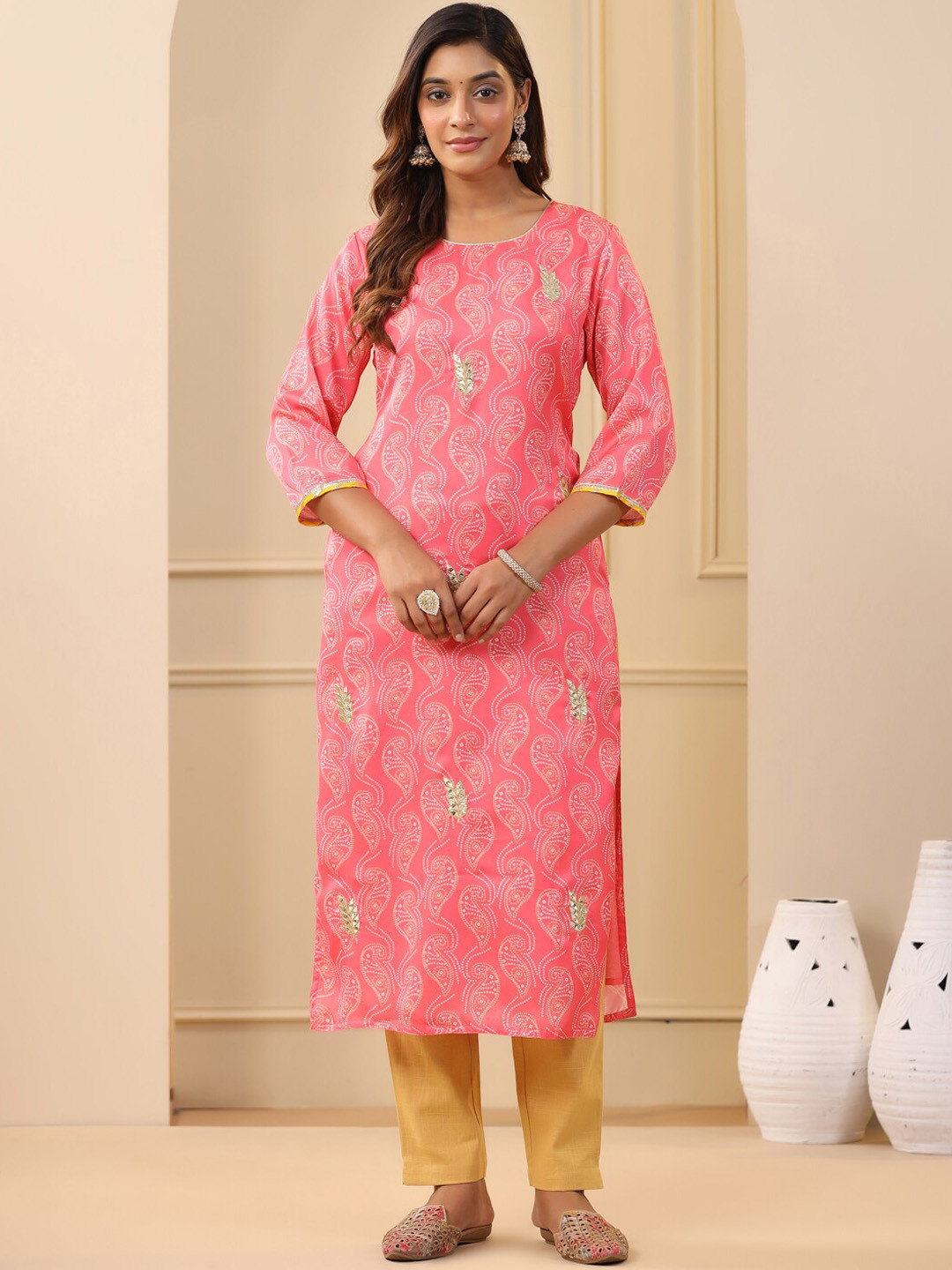 

Jaipur Kurti Peach & Mustard Ethnic Motifs Printed Regular Kurta with Trousers