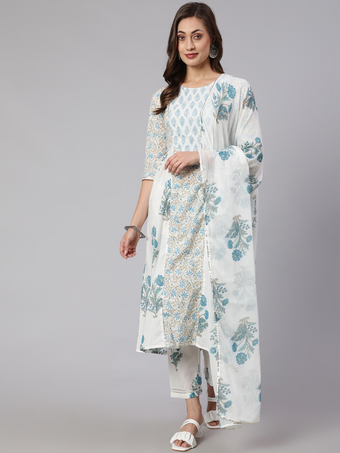 

Jaipur Kurti Turquoise Blue & Off White Floral Pure Cotton Kurta with Trousers & Dupatta